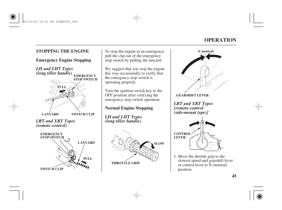 Stopping the engine, Emergency engine stopping, Normal engine stopping | Operation | HONDA Outdoor Motor BF50A User Manual | Page 47 / 126