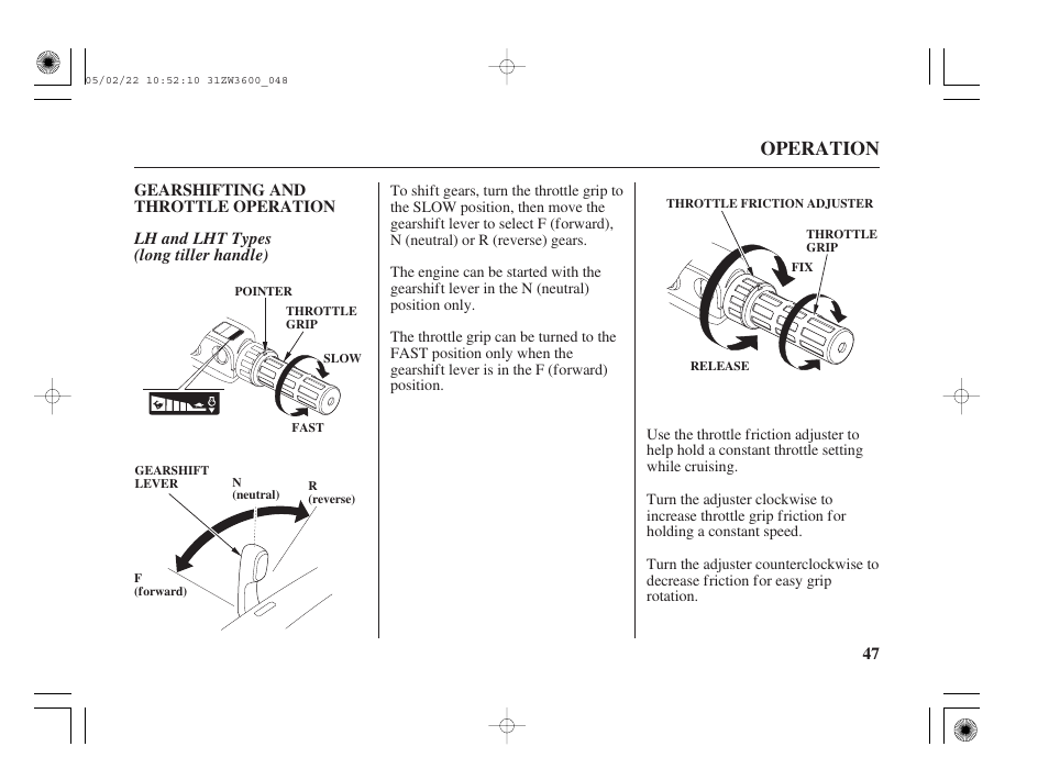 Gearshifting and throttle operation, Operation | HONDA Outdoor Motor BF50A User Manual | Page 49 / 126