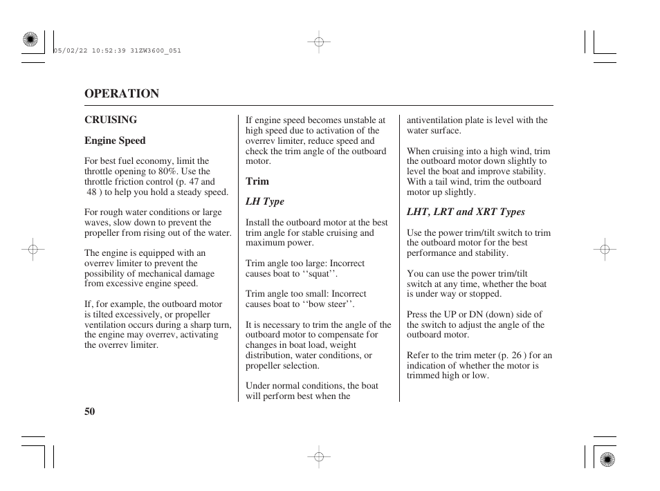 Cruising, Engine speed, Trim | HONDA Outdoor Motor BF50A User Manual | Page 52 / 126