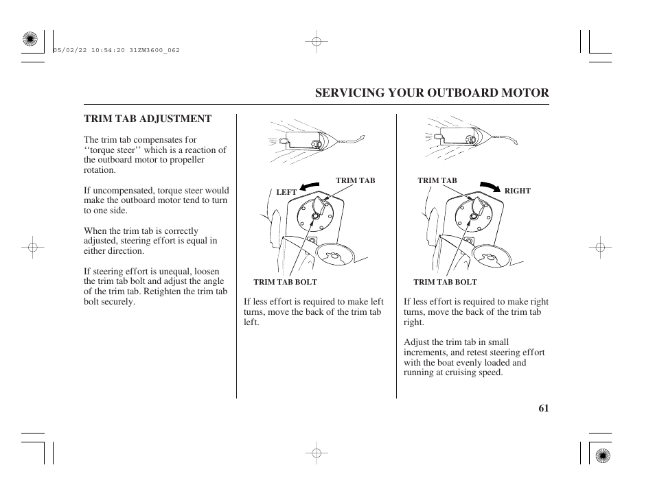 Trim tab adjustment, Servicing your outboard motor | HONDA Outdoor Motor BF50A User Manual | Page 63 / 126