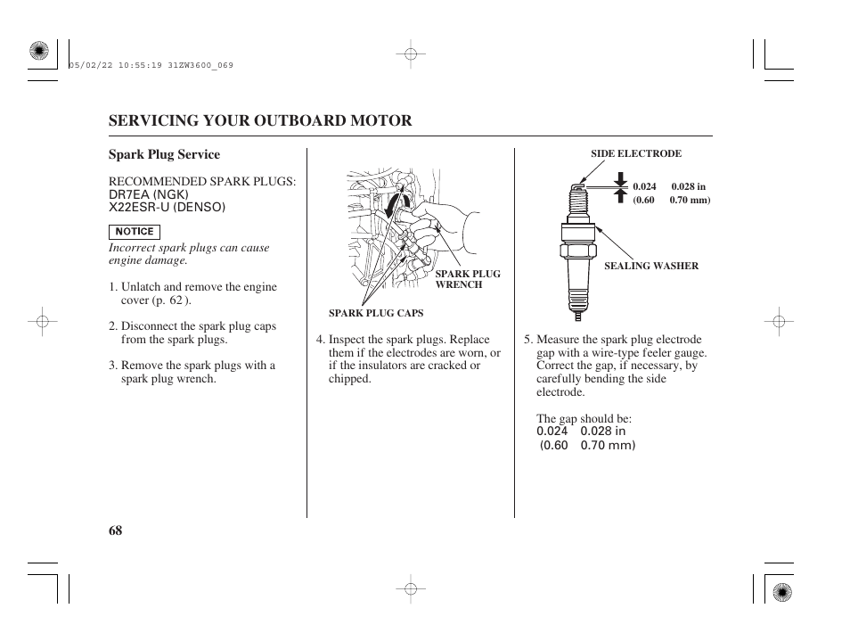 Spark plug service, Servicing your outboard motor | HONDA Outdoor Motor BF50A User Manual | Page 70 / 126