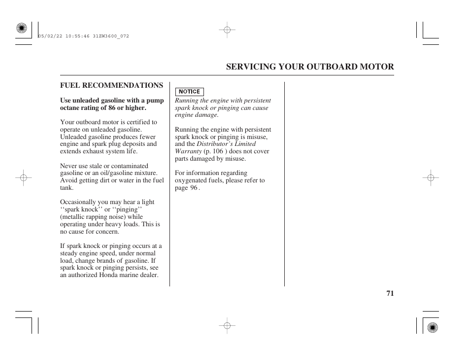 Fuel recommendations | HONDA Outdoor Motor BF50A User Manual | Page 73 / 126