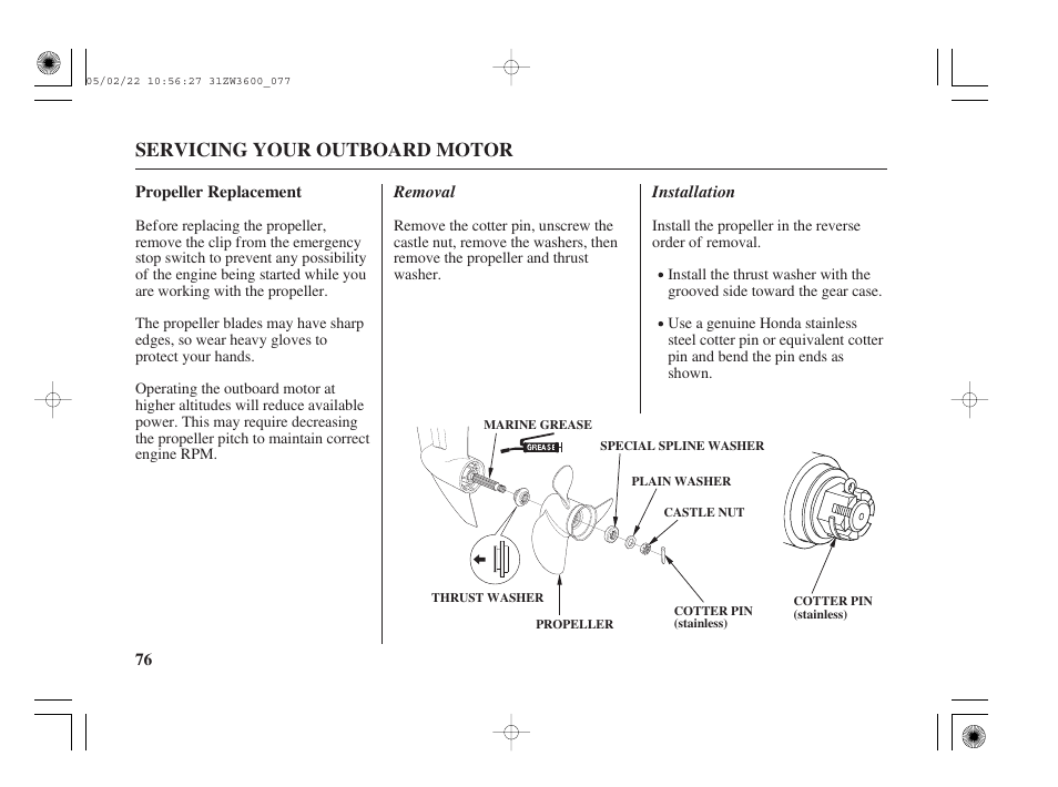 Propeller replacement, Servicing your outboard motor | HONDA Outdoor Motor BF50A User Manual | Page 78 / 126