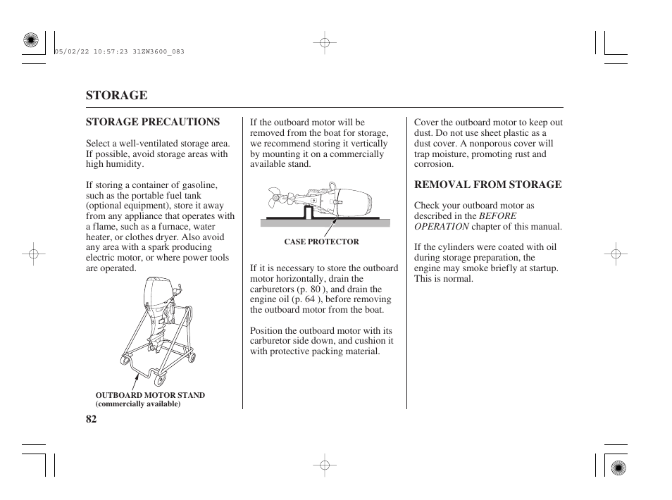 Storage precautions, Removal from storage | HONDA Outdoor Motor BF50A User Manual | Page 84 / 126