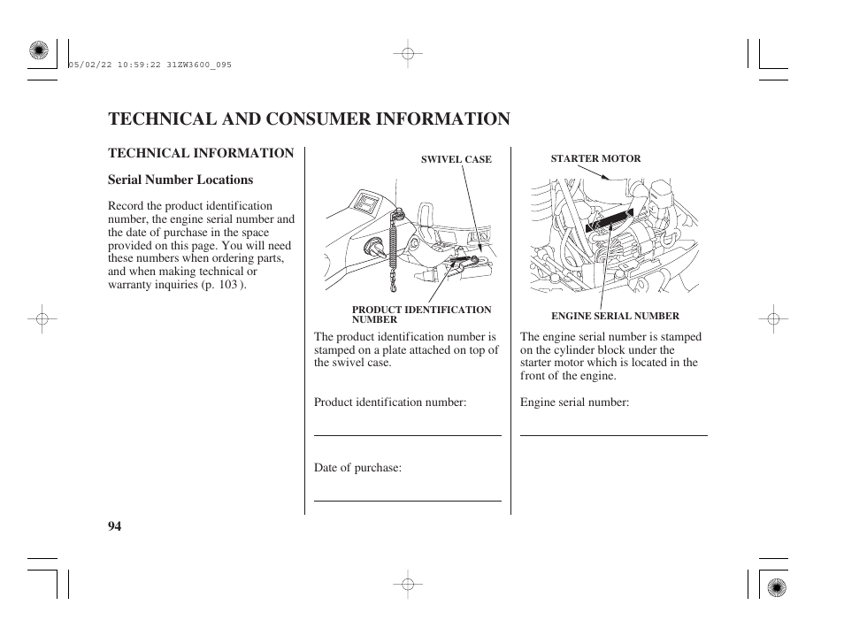 Technical and consumer information, Technical information, Serial number locations | Technical and consumer information . 94 | HONDA Outdoor Motor BF50A User Manual | Page 96 / 126