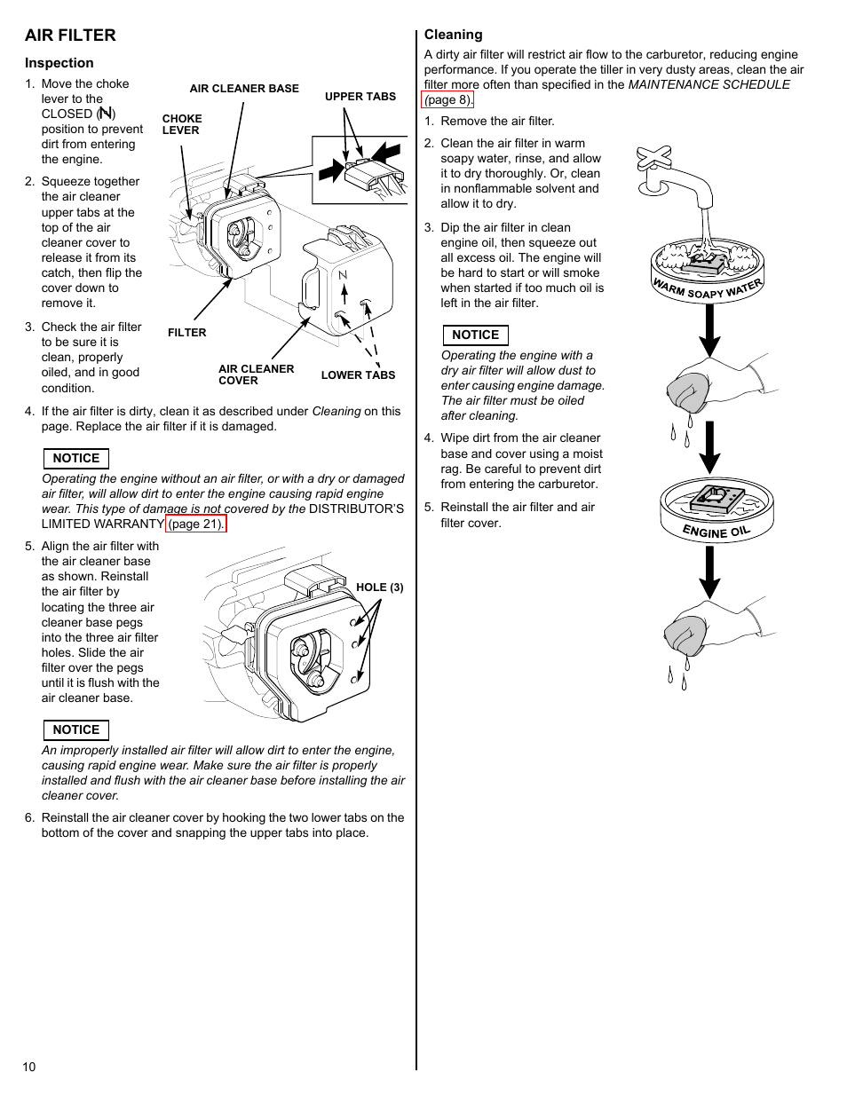 Air filter, Inspection, Cleaning | P. 10) | HONDA FG110 User Manual | Page 10 / 24