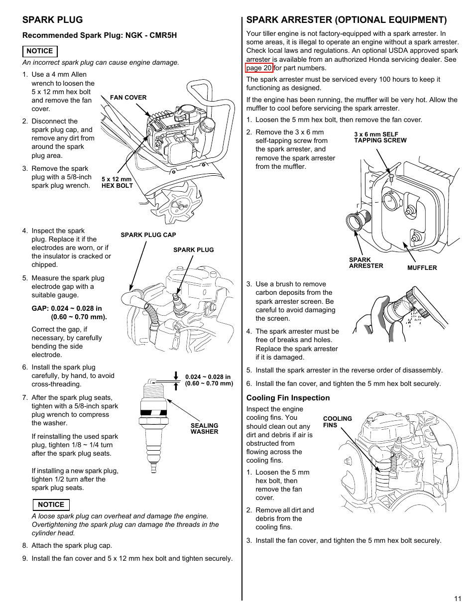 Spark plug, Spark arrester (optional equipment), Cooling fin inspection | HONDA FG110 User Manual | Page 11 / 24