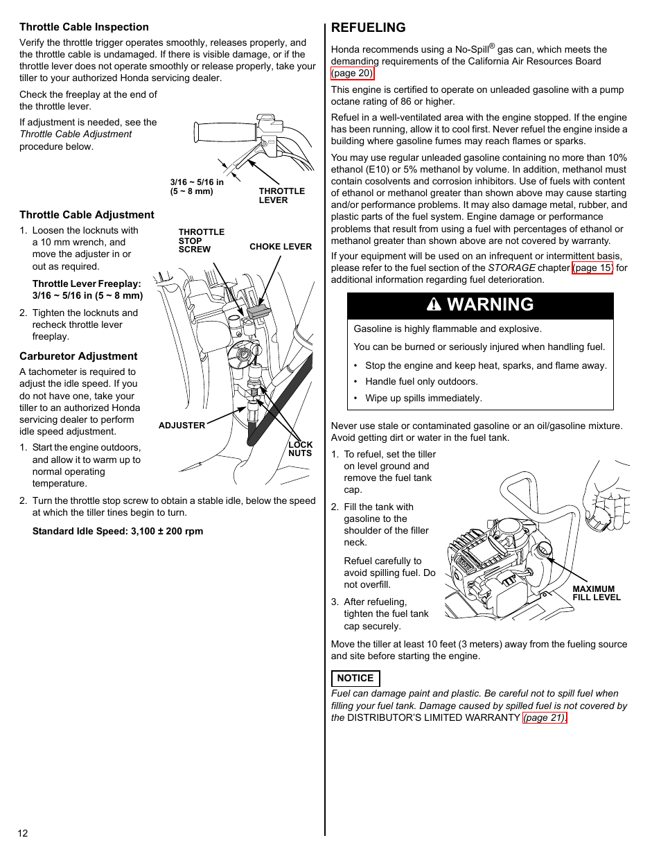 Throttle cable inspection, Throttle cable adjustment, Carburetor adjustment | Refueling, P. 12), Warning | HONDA FG110 User Manual | Page 12 / 24