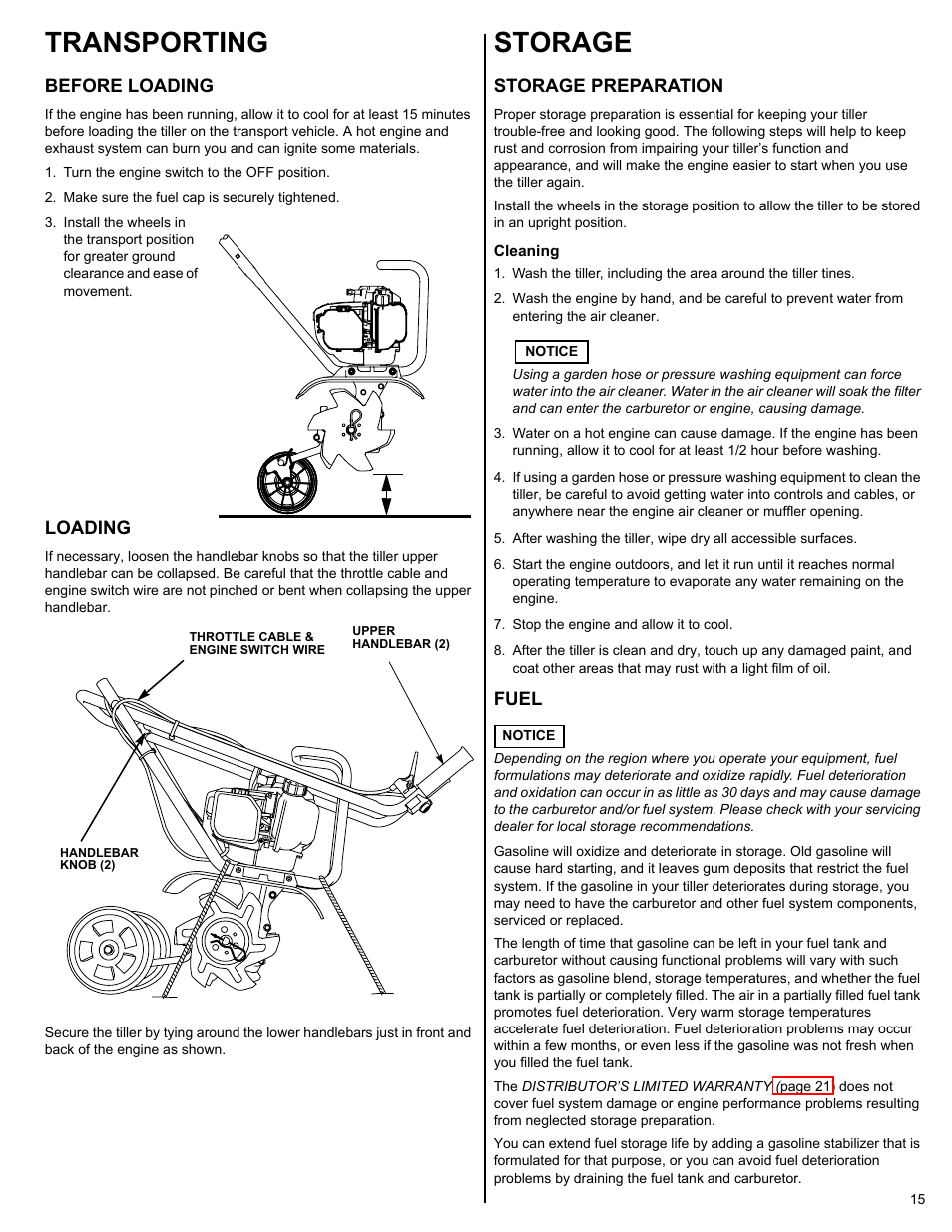 Transporting, Before loading, Loading | Storage, Storage preparation, Cleaning, Fuel, Transporting storage | HONDA FG110 User Manual | Page 15 / 24