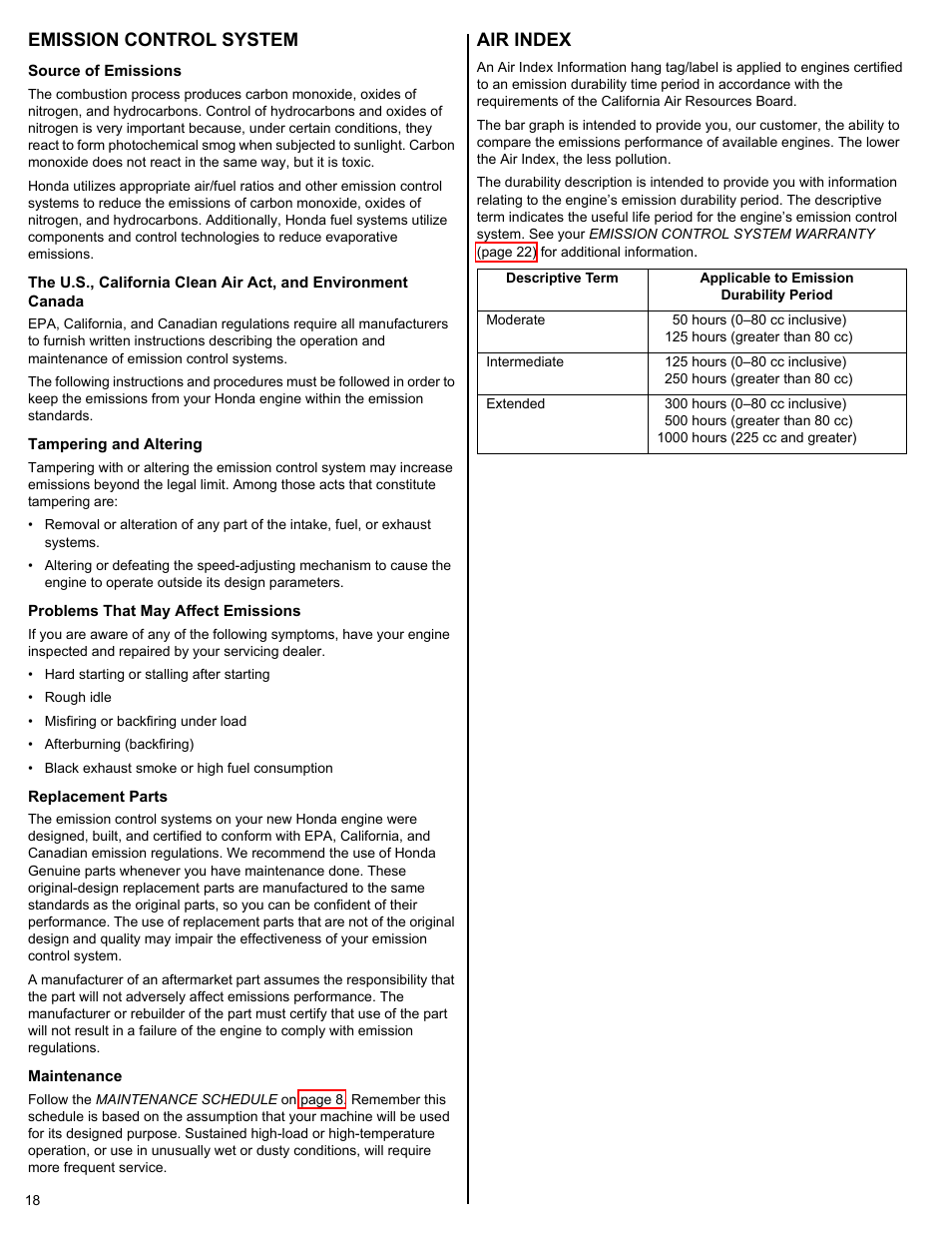 Emission control system, Air index | HONDA FG110 User Manual | Page 18 / 24