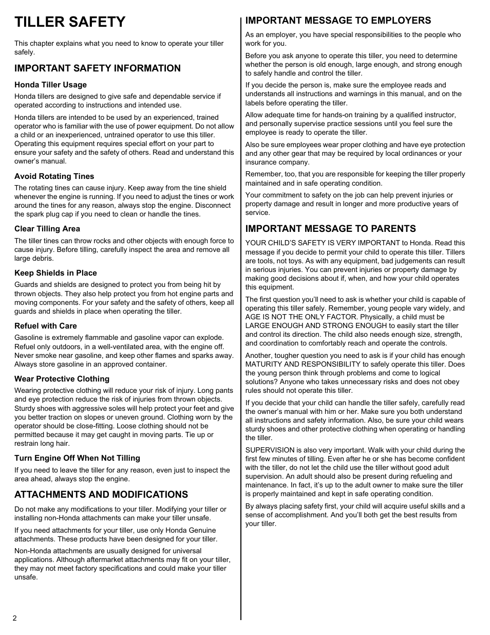 Tiller safety, Important safety information, Attachments and modifications | Important message to employers, Important message to parents | HONDA FG110 User Manual | Page 2 / 24