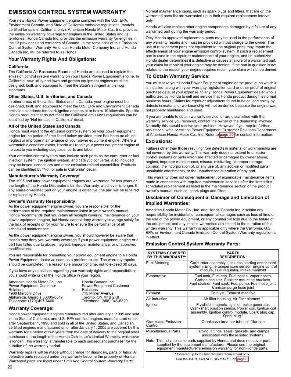 Emission control system warranty | HONDA FG110 User Manual | Page 22 / 24