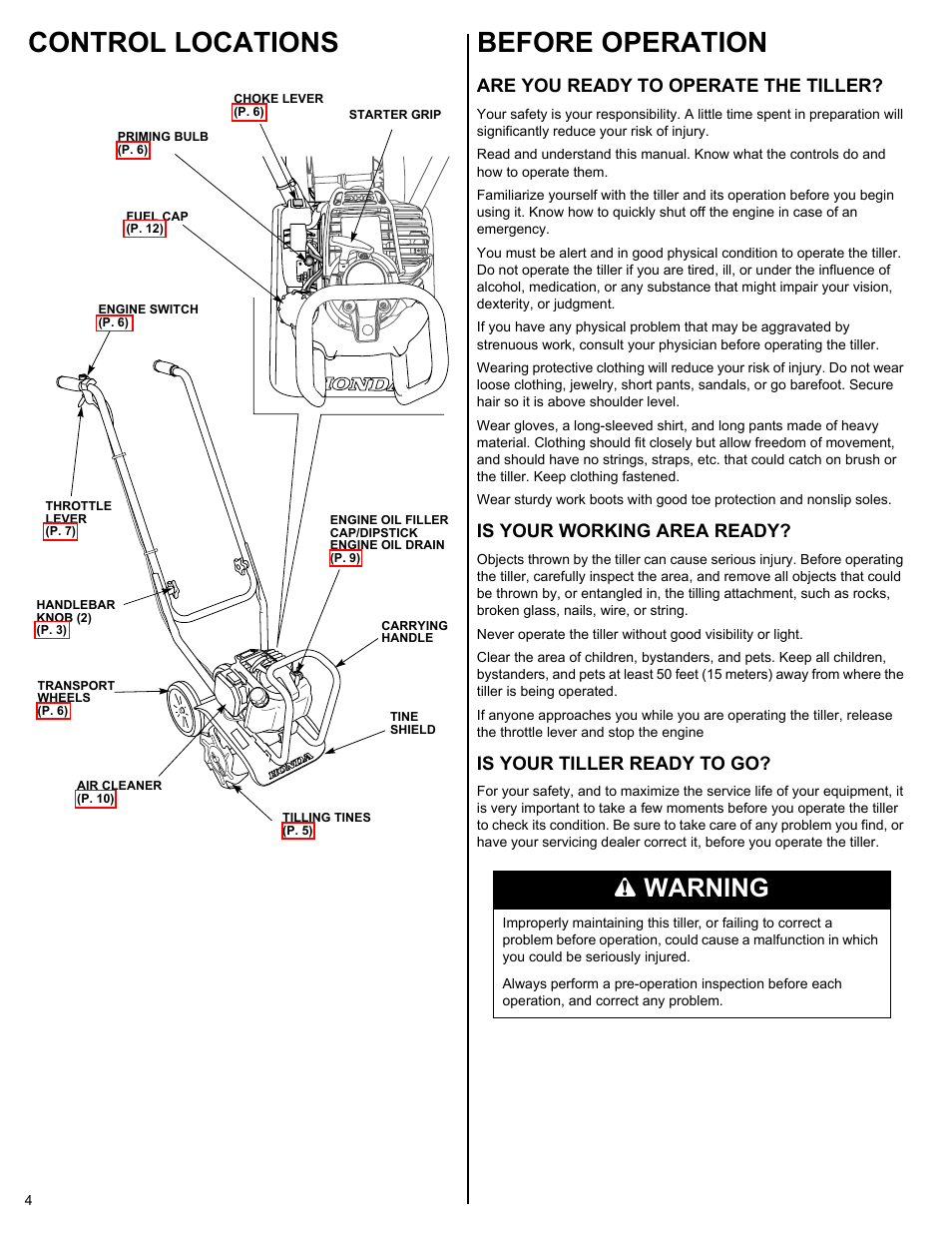 Control locations, Before operation, Are you ready to operate the tiller | Is your working area ready, Is your tiller ready to go, Control locations before operation, Warning | HONDA FG110 User Manual | Page 4 / 24