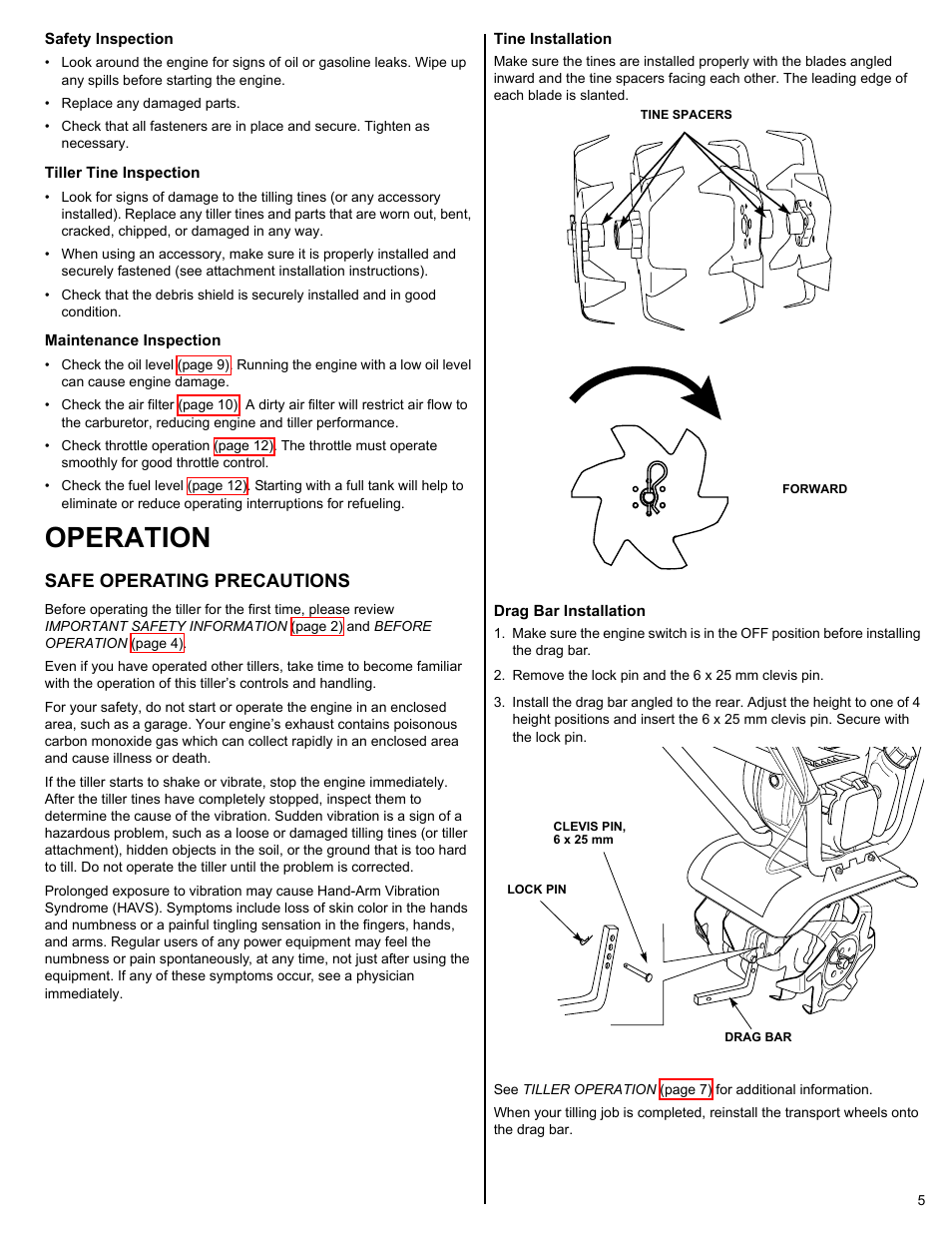 Operation, Safe operating precautions, Tine installation | Drag bar installation, P. 5) | HONDA FG110 User Manual | Page 5 / 24