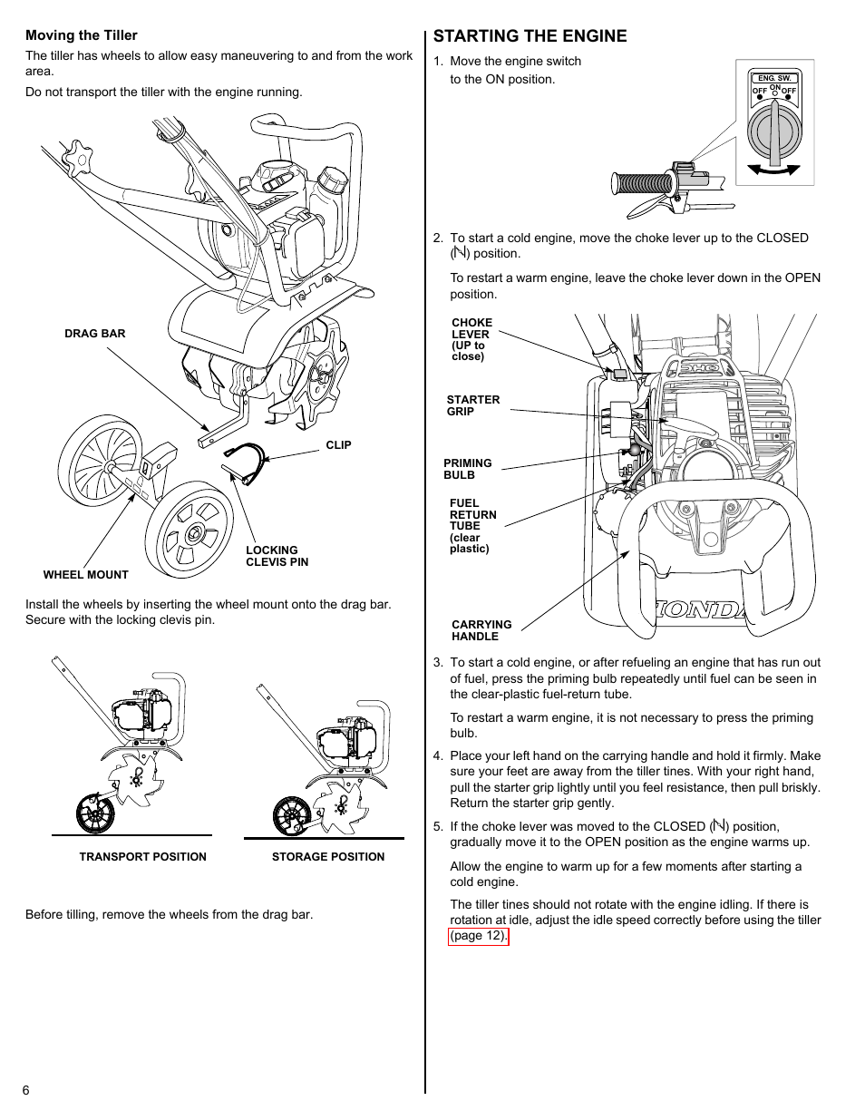 Moving the tiller, Starting the engine, P. 6) | HONDA FG110 User Manual | Page 6 / 24