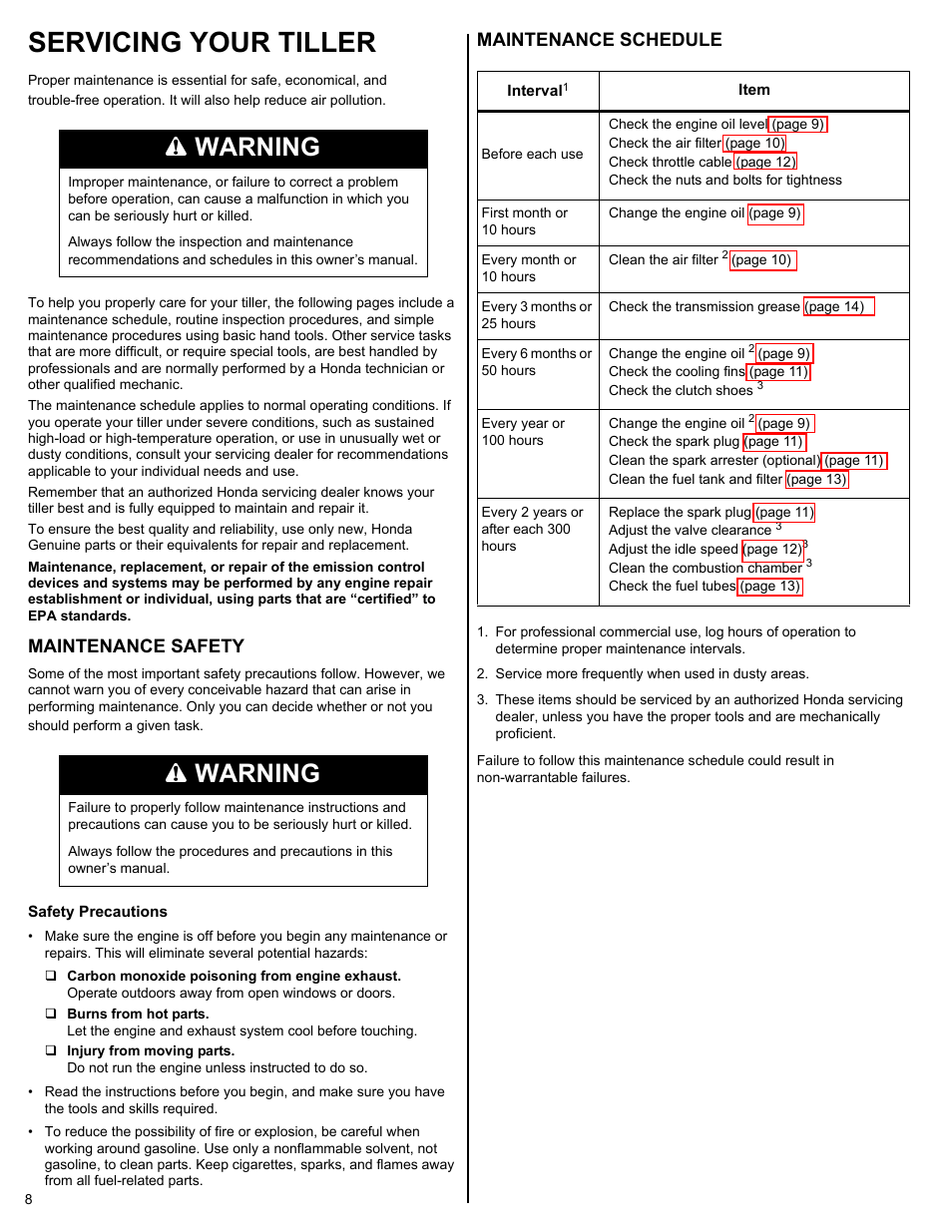 Servicing your tiller, Maintenance safety, Maintenance schedule | Warning | HONDA FG110 User Manual | Page 8 / 24