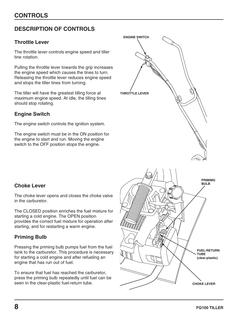 Description of controls, Throttle lever, Engine switch | Choke lever, Priming bulb, Controls | HONDA FG100 User Manual | Page 10 / 52