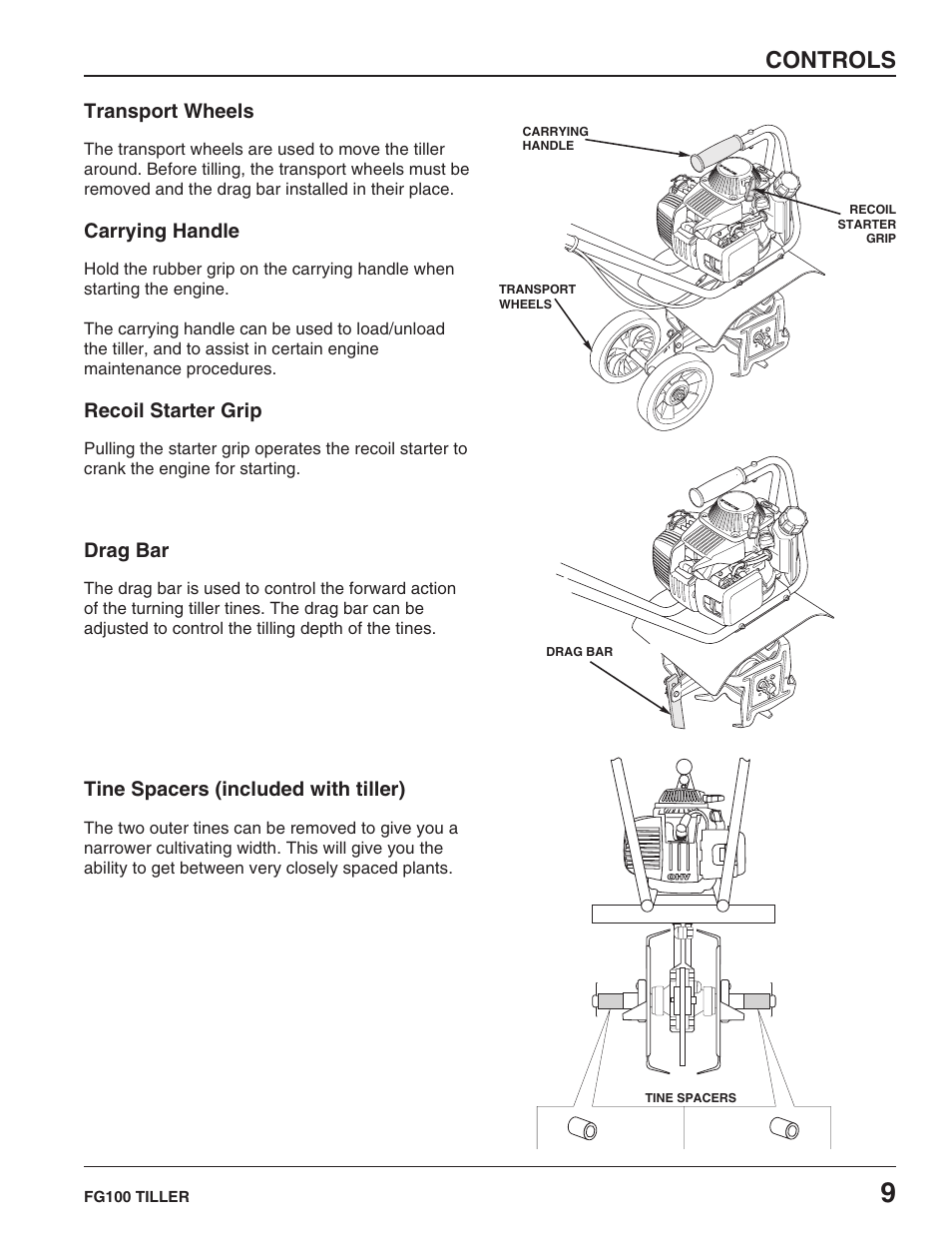 Transport wheels, Carrying handle, Recoil starter grip | Drag bar, Tine spacers (included with tiller), Controls | HONDA FG100 User Manual | Page 11 / 52