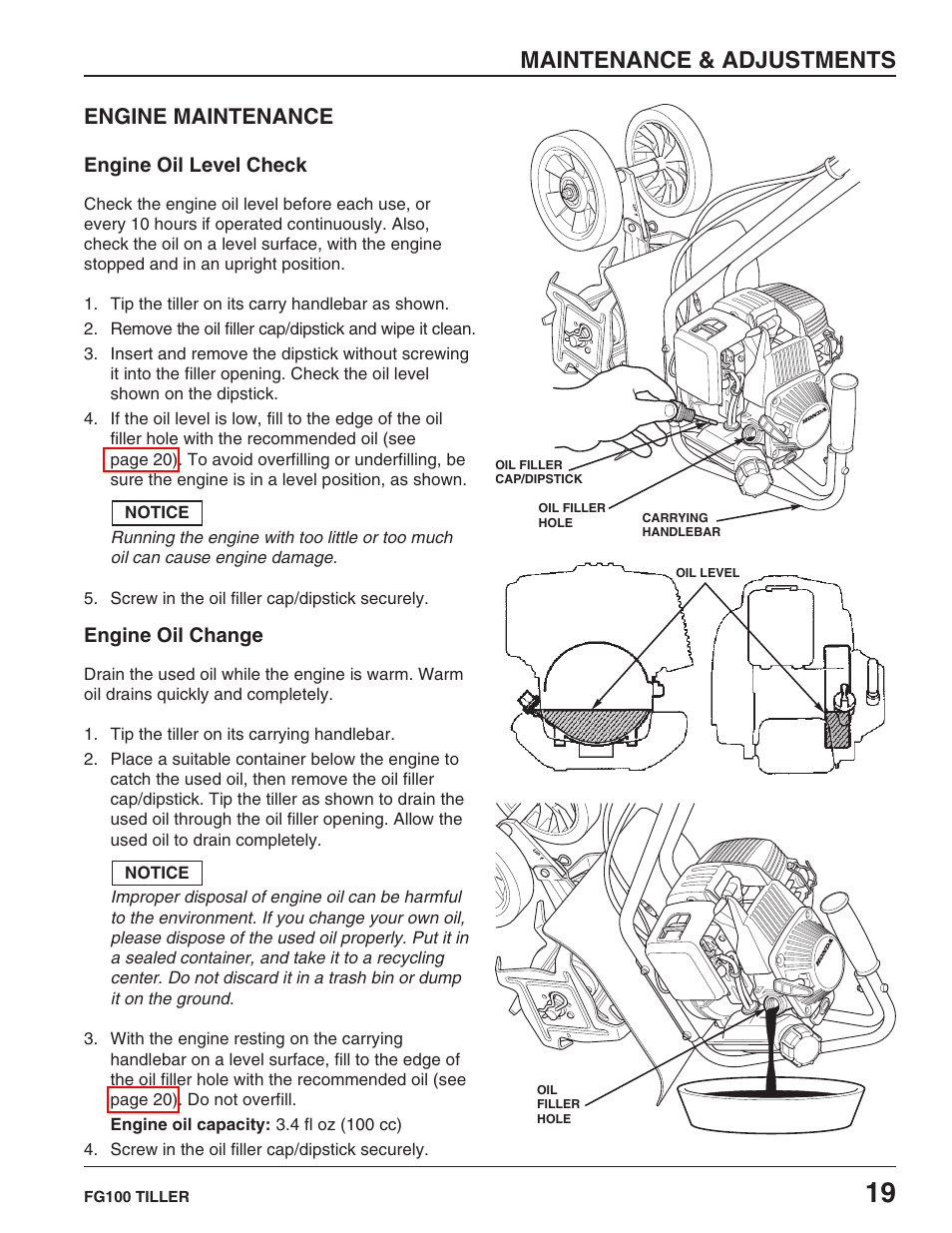 Engine maintenance, Engine oil level check, Engine oil change | Maintenance & adjustments | HONDA FG100 User Manual | Page 21 / 52