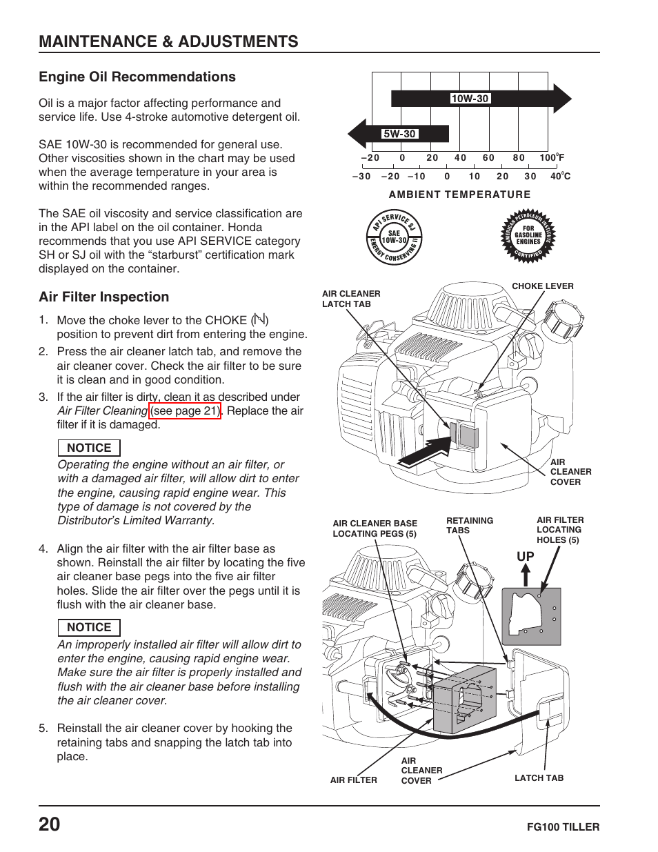 Engine oil recommendations, Air filter inspection, Maintenance & adjustments | HONDA FG100 User Manual | Page 22 / 52