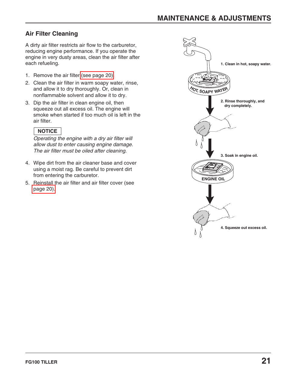 Air filter cleaning, Maintenance & adjustments | HONDA FG100 User Manual | Page 23 / 52