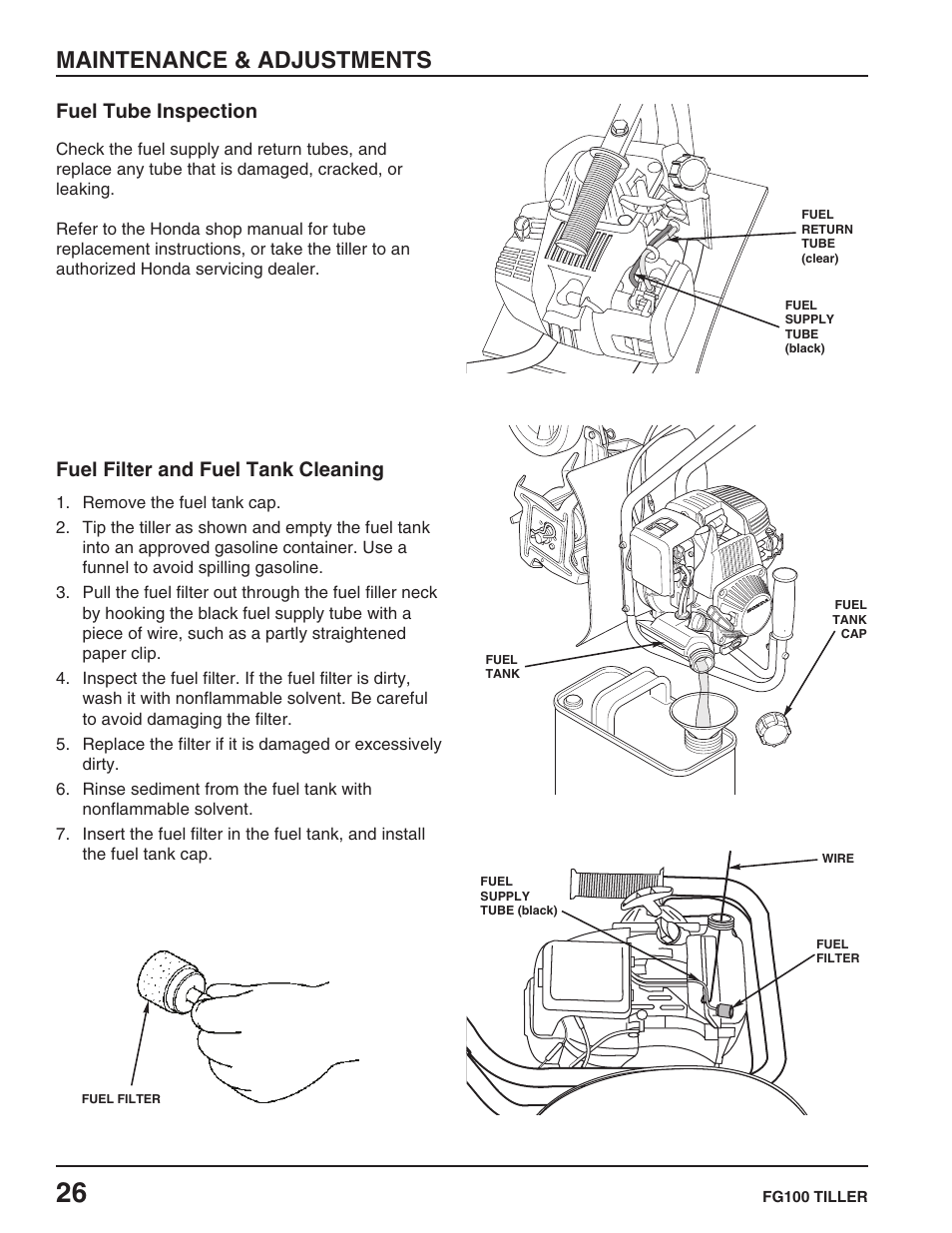 Fuel tube inspection, Fuel filter and fuel tank cleaning, Maintenance & adjustments | HONDA FG100 User Manual | Page 28 / 52