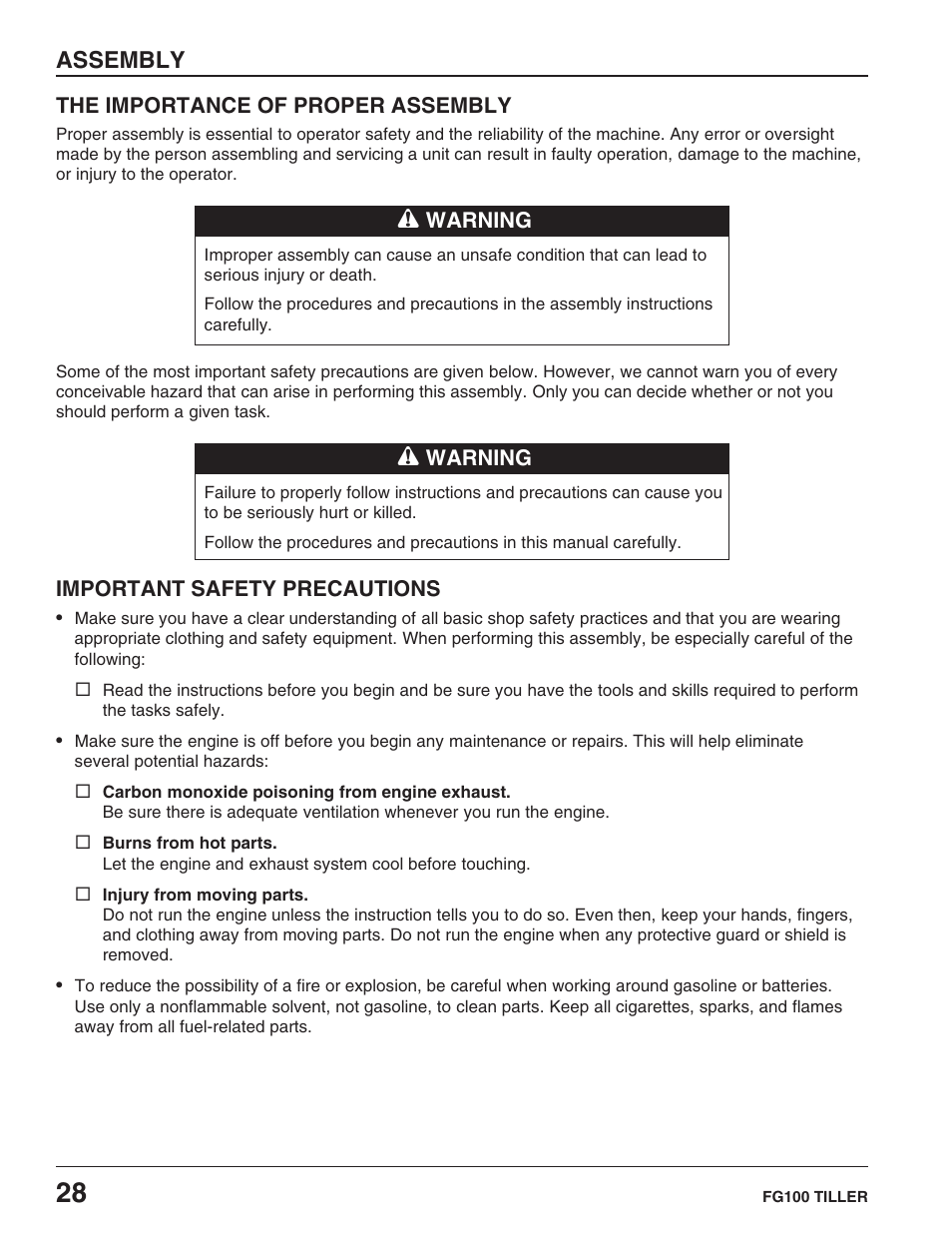 Assembly, The importance of proper assembly, Important safety precautions | HONDA FG100 User Manual | Page 30 / 52