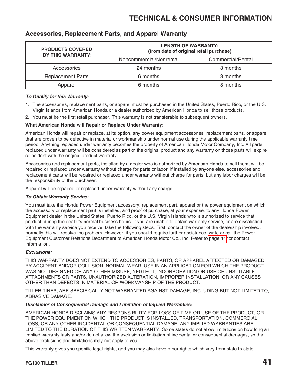 Technical & consumer information | HONDA FG100 User Manual | Page 43 / 52