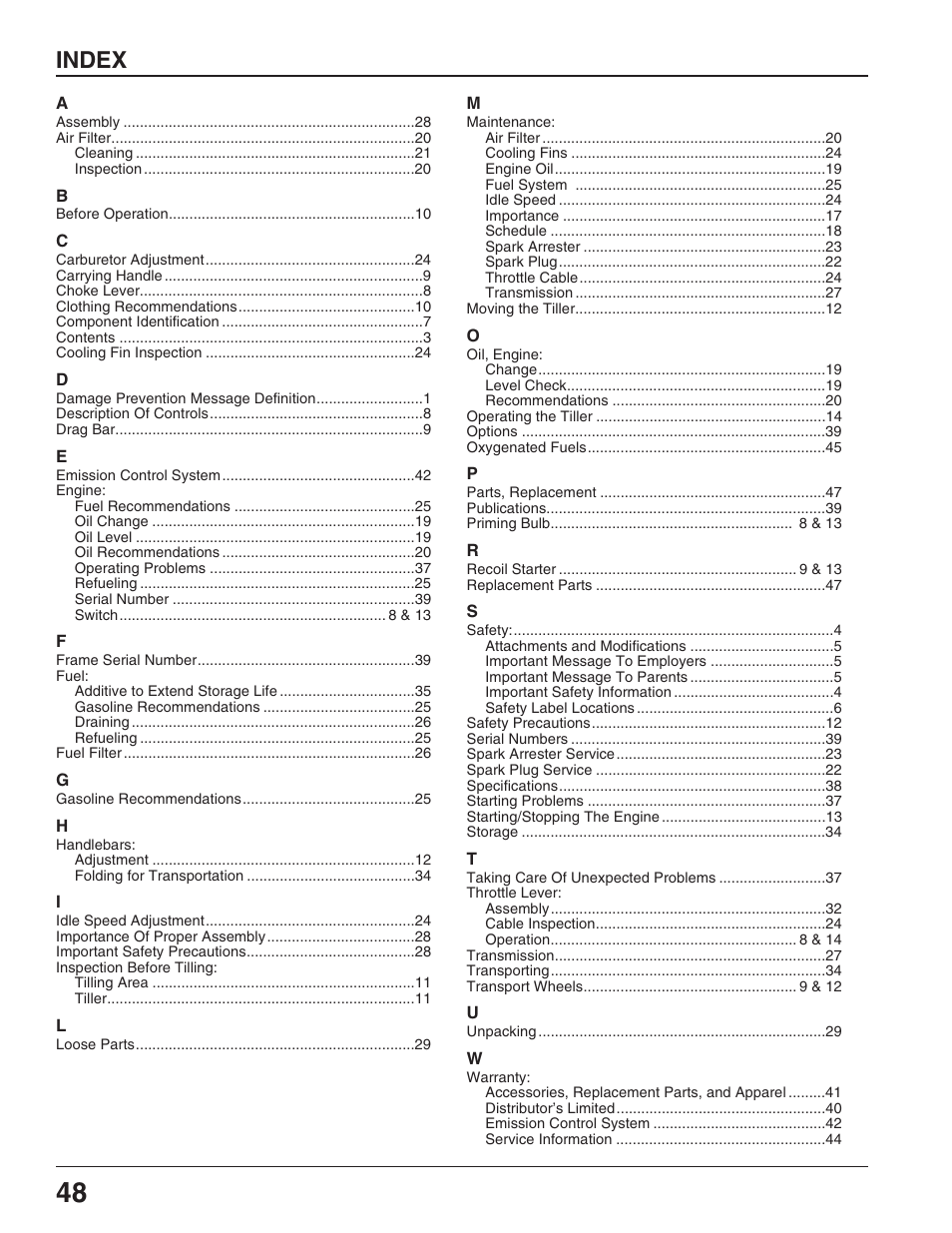 Index | HONDA FG100 User Manual | Page 50 / 52