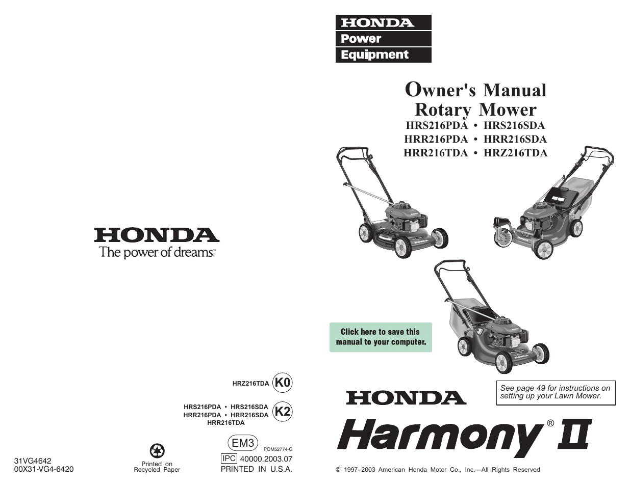 HONDA HRR216PDA User Manual | 72 pages