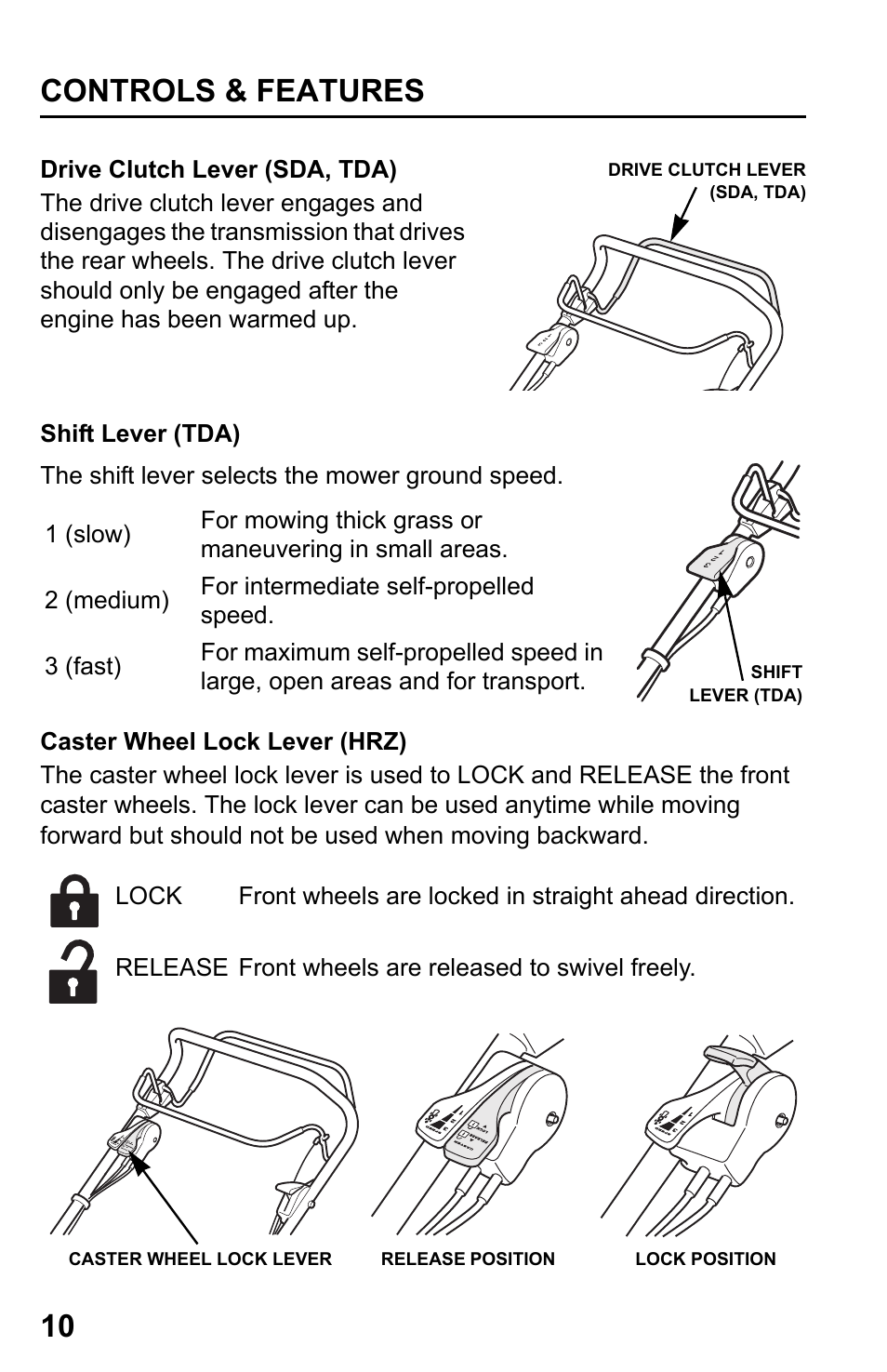Drive clutch lever (sda, tda), Shift lever (tda), Caster wheel lock lever (hrz) | Controls & features 10 | HONDA HRR216PDA User Manual | Page 12 / 72