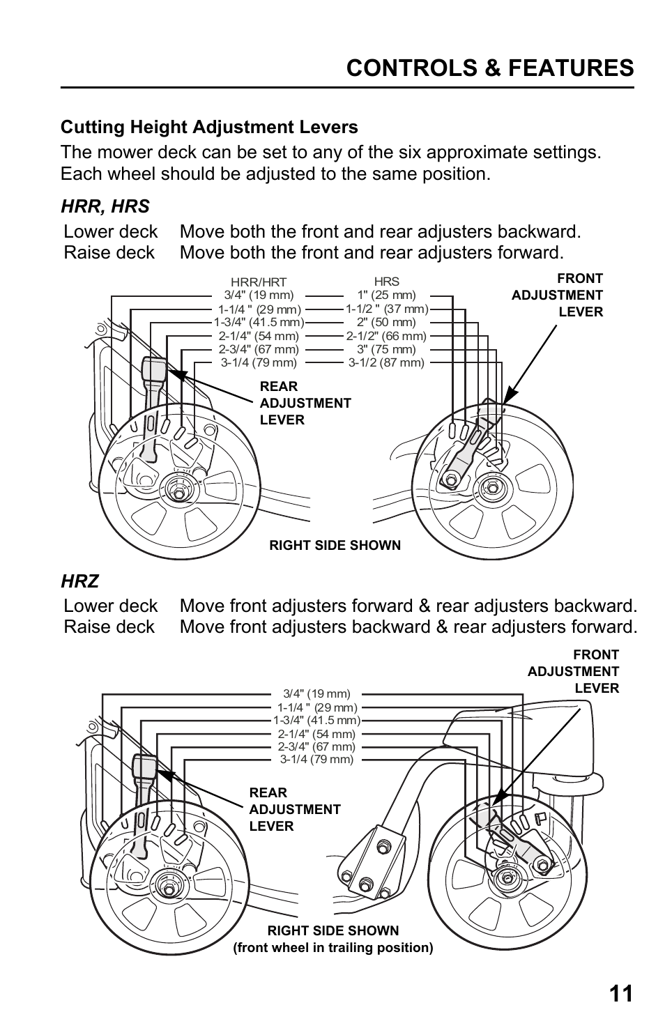 Cutting height adjustment levers, Controls & features 11 | HONDA HRR216PDA User Manual | Page 13 / 72