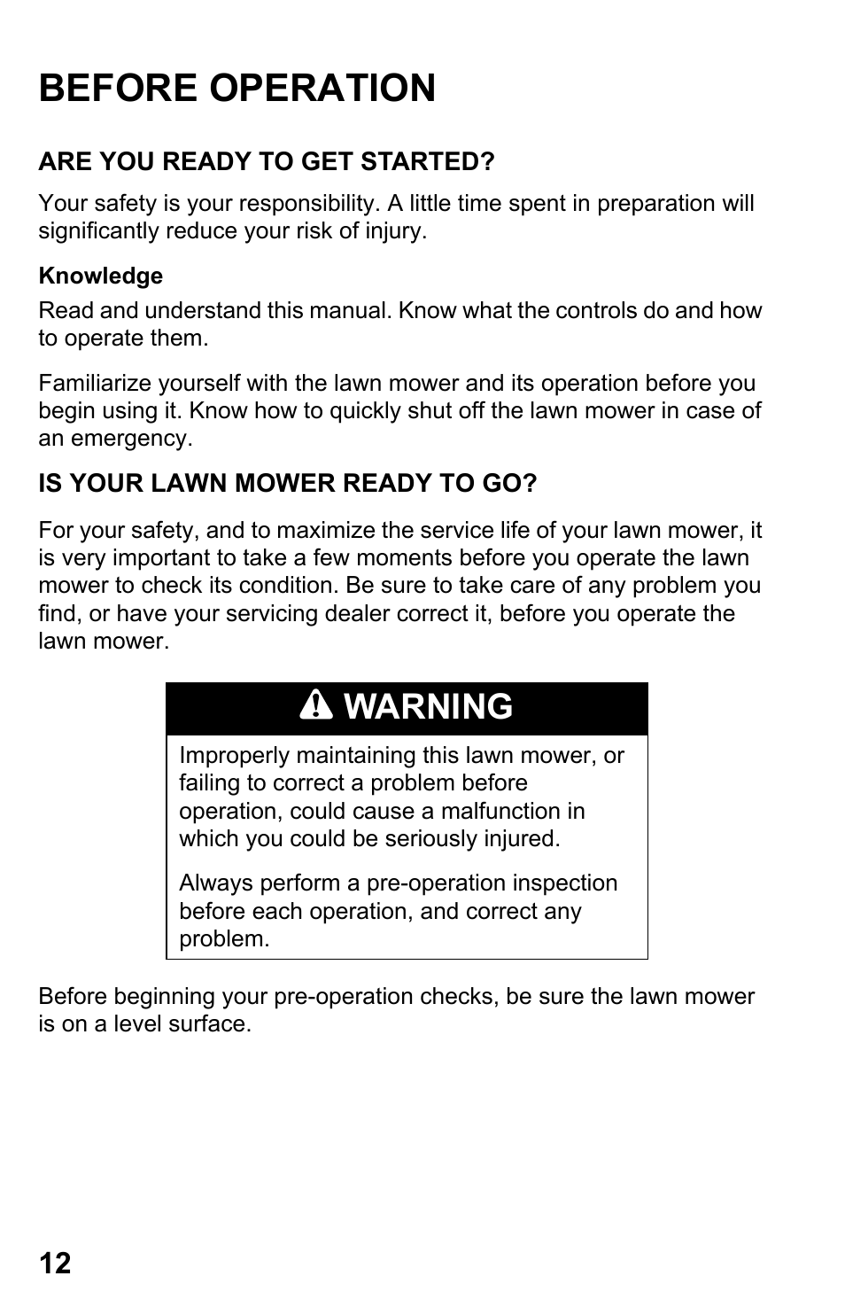 Before operation, Are you ready to get started, Is your lawn mower ready to go | Warning | HONDA HRR216PDA User Manual | Page 14 / 72
