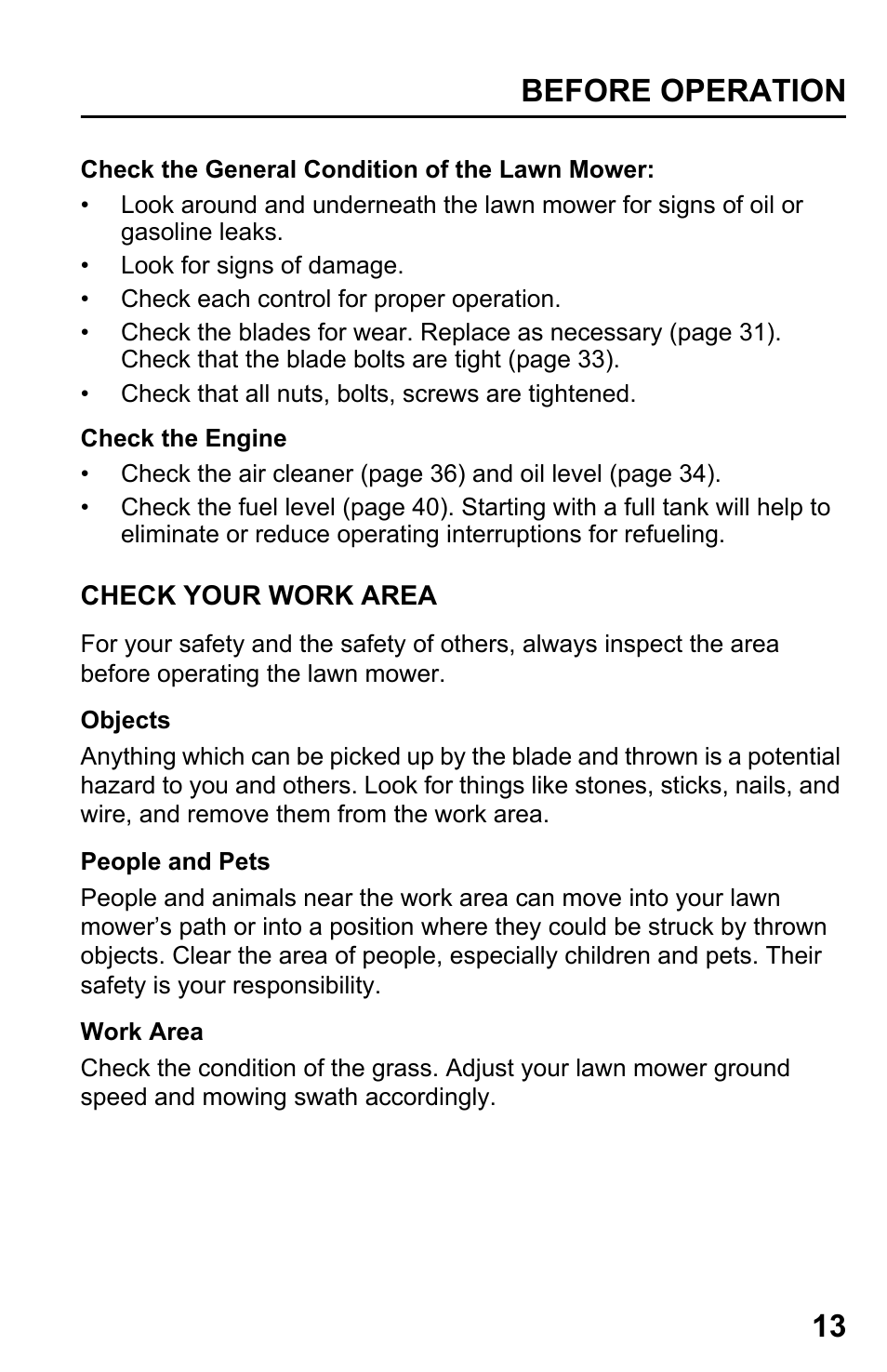 Check your work area, Before operation 13 | HONDA HRR216PDA User Manual | Page 15 / 72