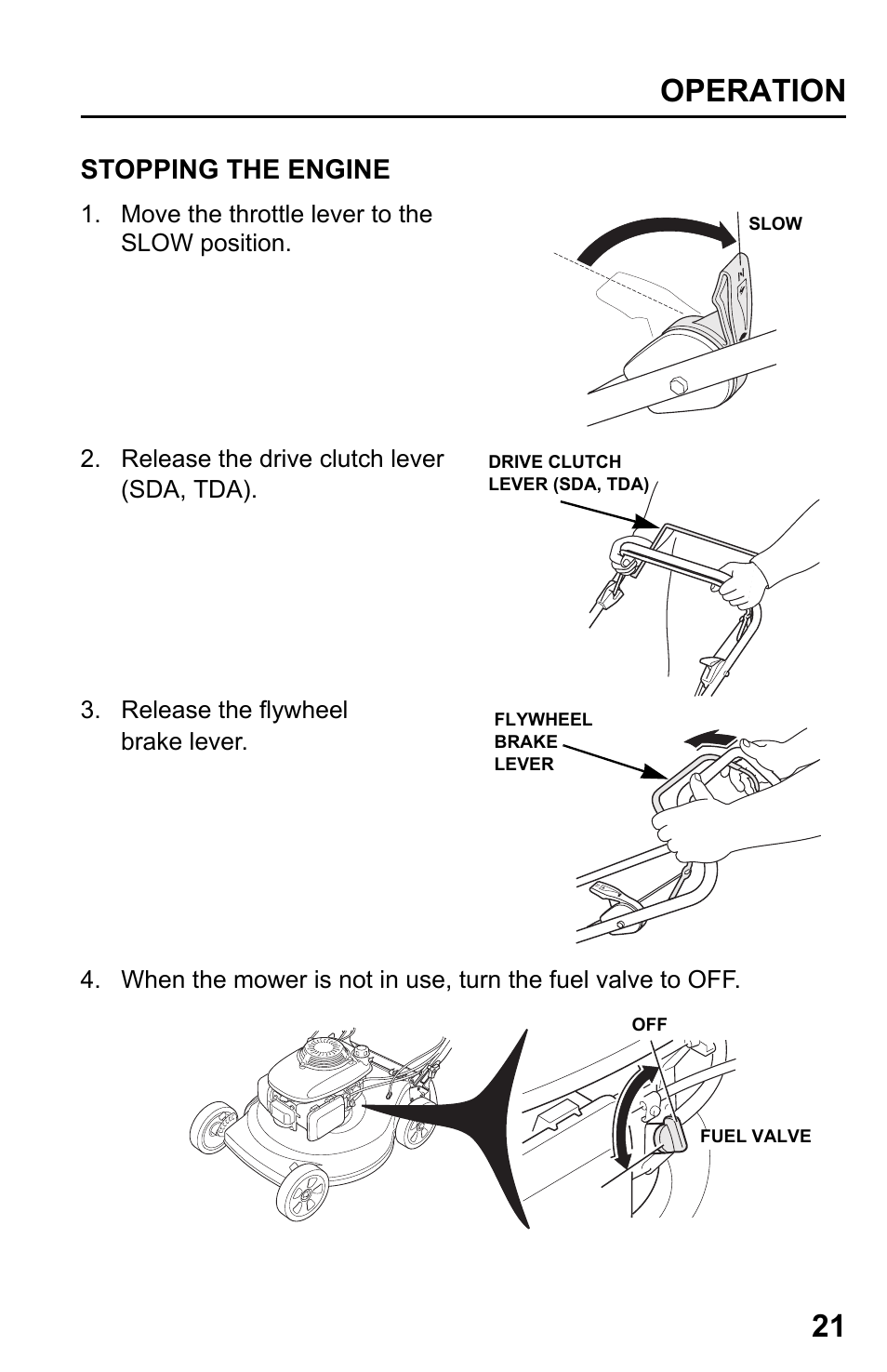 Stopping the engine, Operation 21 | HONDA HRR216PDA User Manual | Page 23 / 72