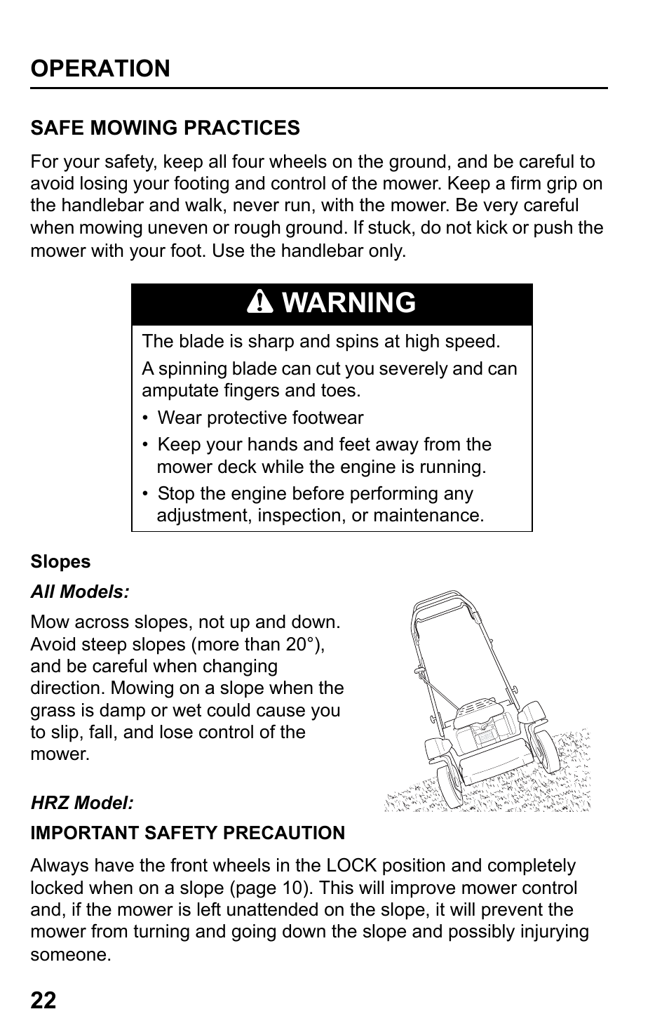 Safe mowing practices, Warning, Operation 22 | HONDA HRR216PDA User Manual | Page 24 / 72