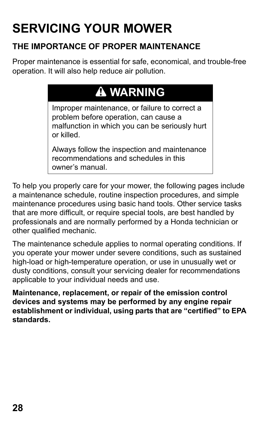 Servicing your mower, The importance of proper maintenance, Warning | HONDA HRR216PDA User Manual | Page 30 / 72