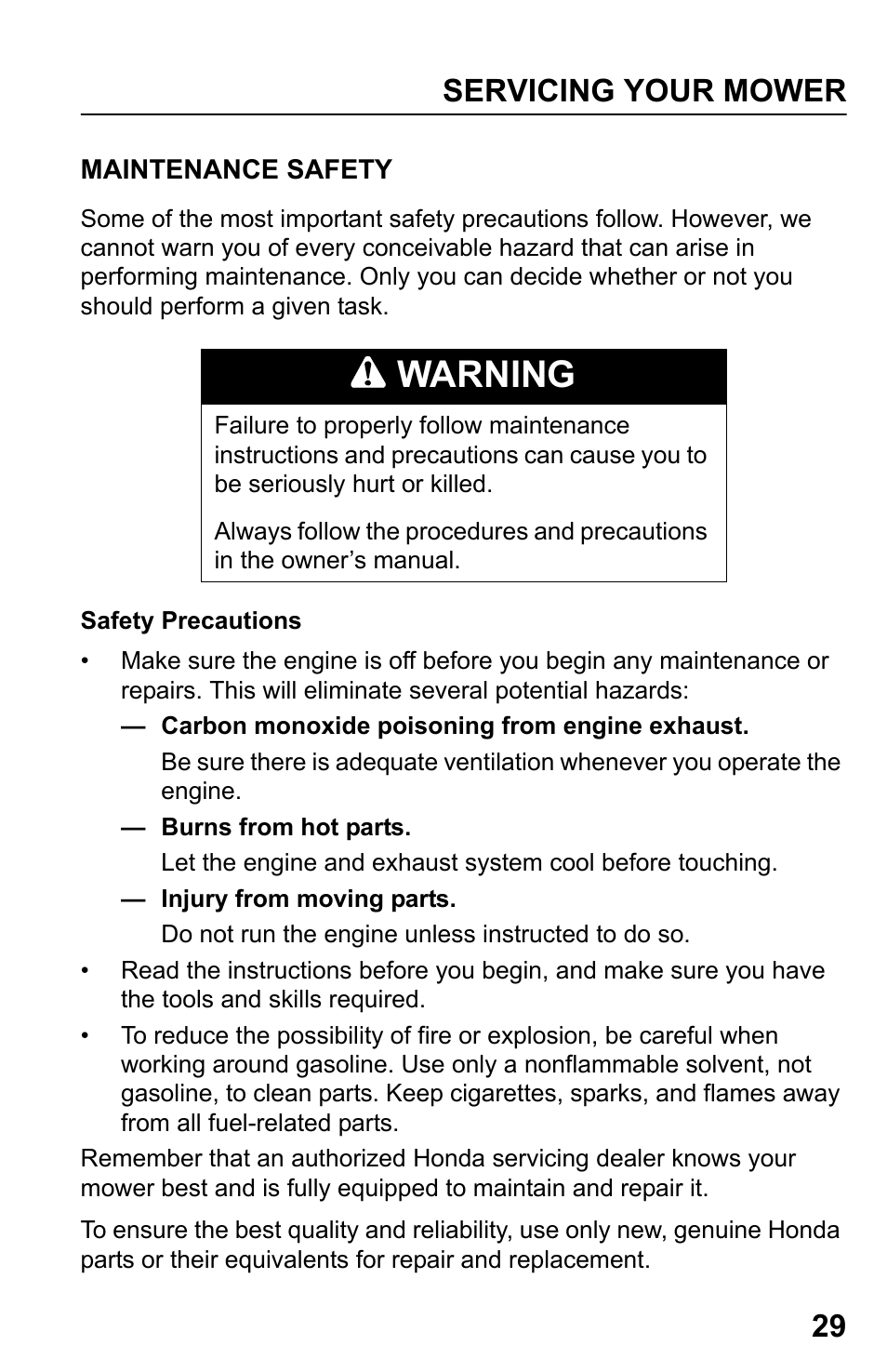 Maintenance safety, Warning, Servicing your mower 29 | HONDA HRR216PDA User Manual | Page 31 / 72