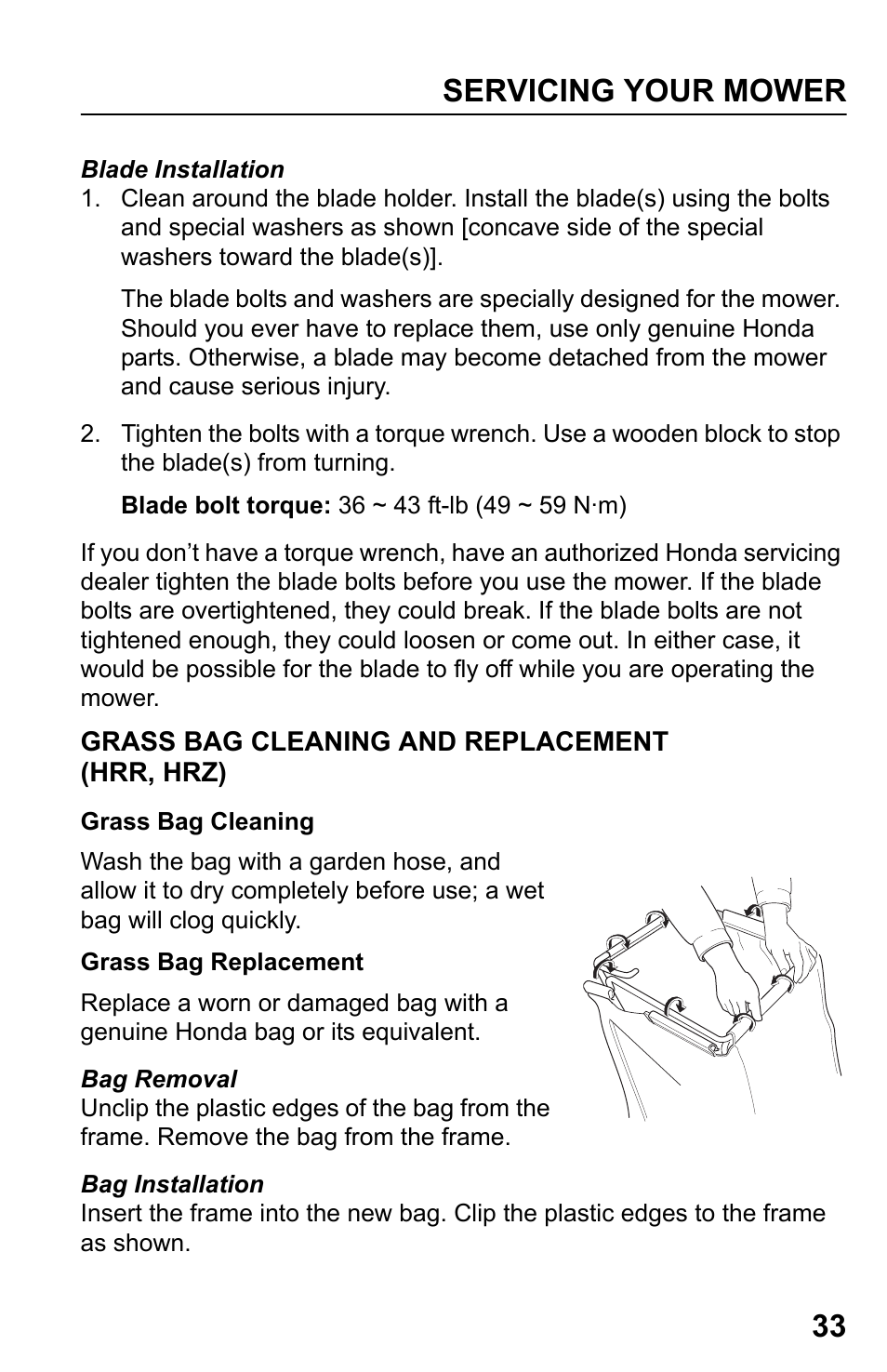 Grass bag cleaning and replacement (hrr, hrz), Servicing your mower 33 | HONDA HRR216PDA User Manual | Page 35 / 72