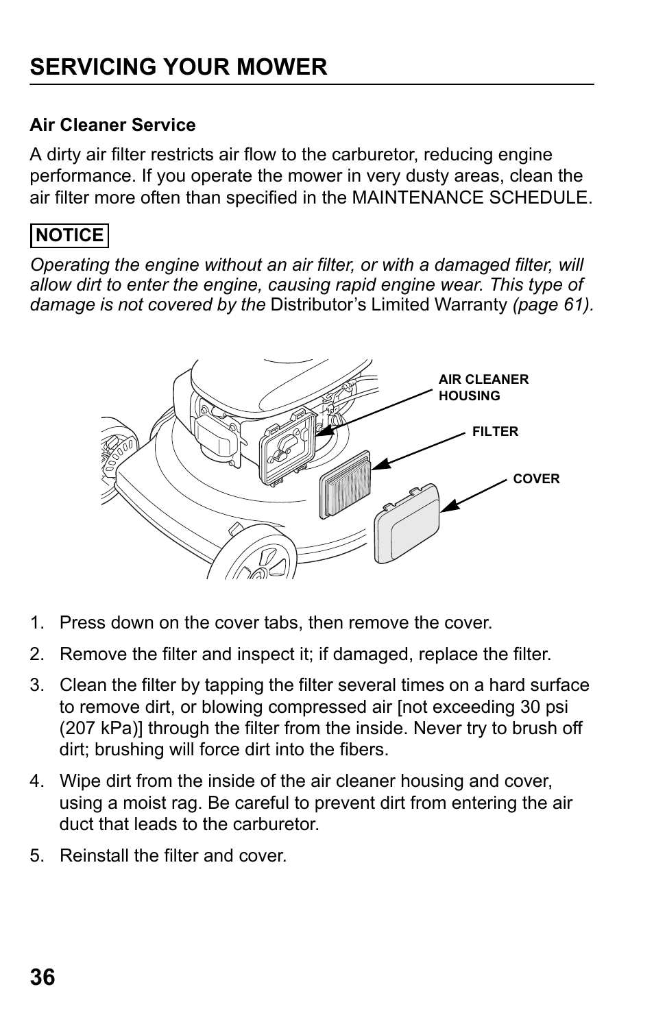 Air cleaner service, Servicing your mower 36 | HONDA HRR216PDA User Manual | Page 38 / 72