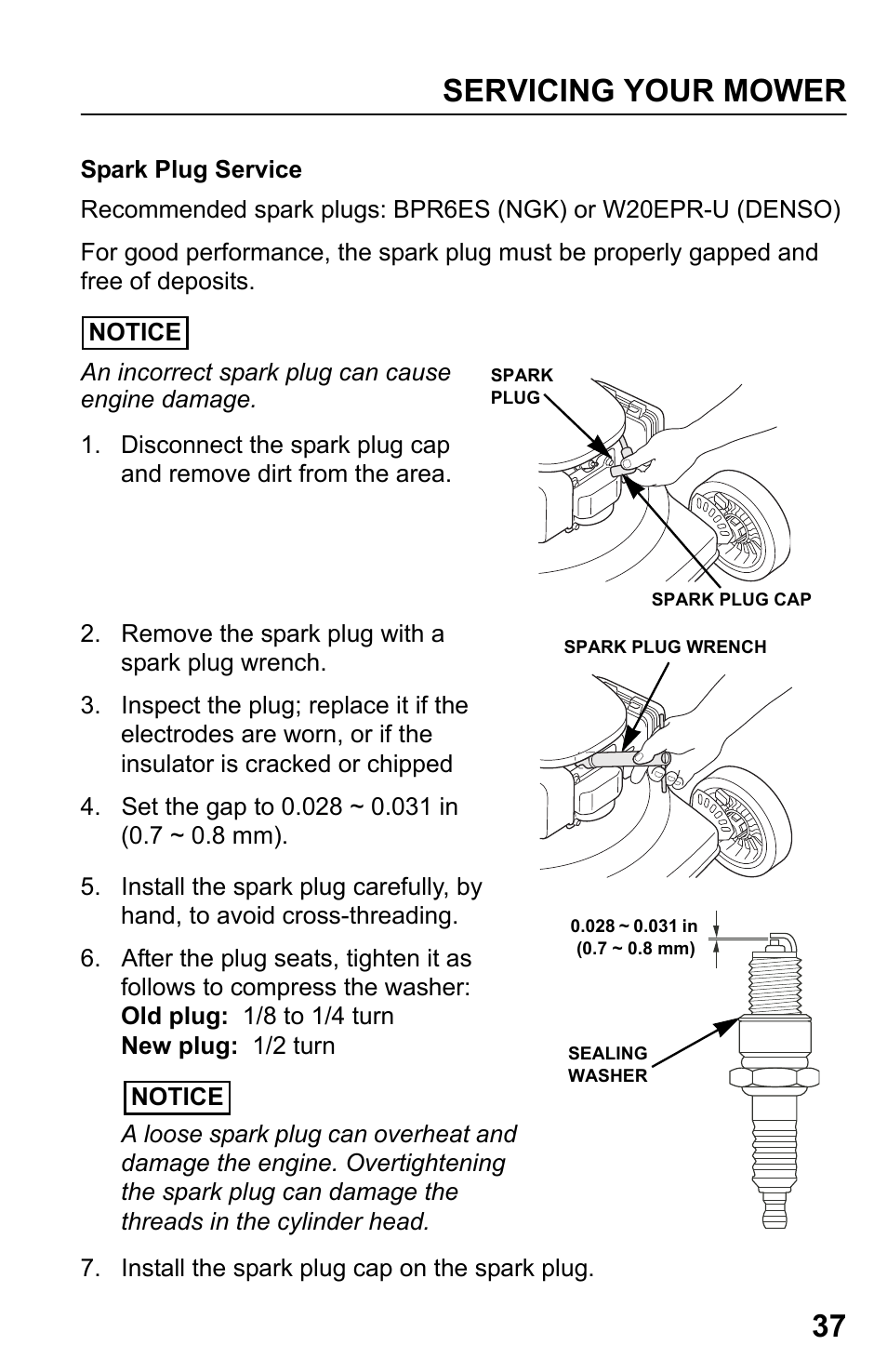 Spark plug service, Servicing your mower 37 | HONDA HRR216PDA User Manual | Page 39 / 72