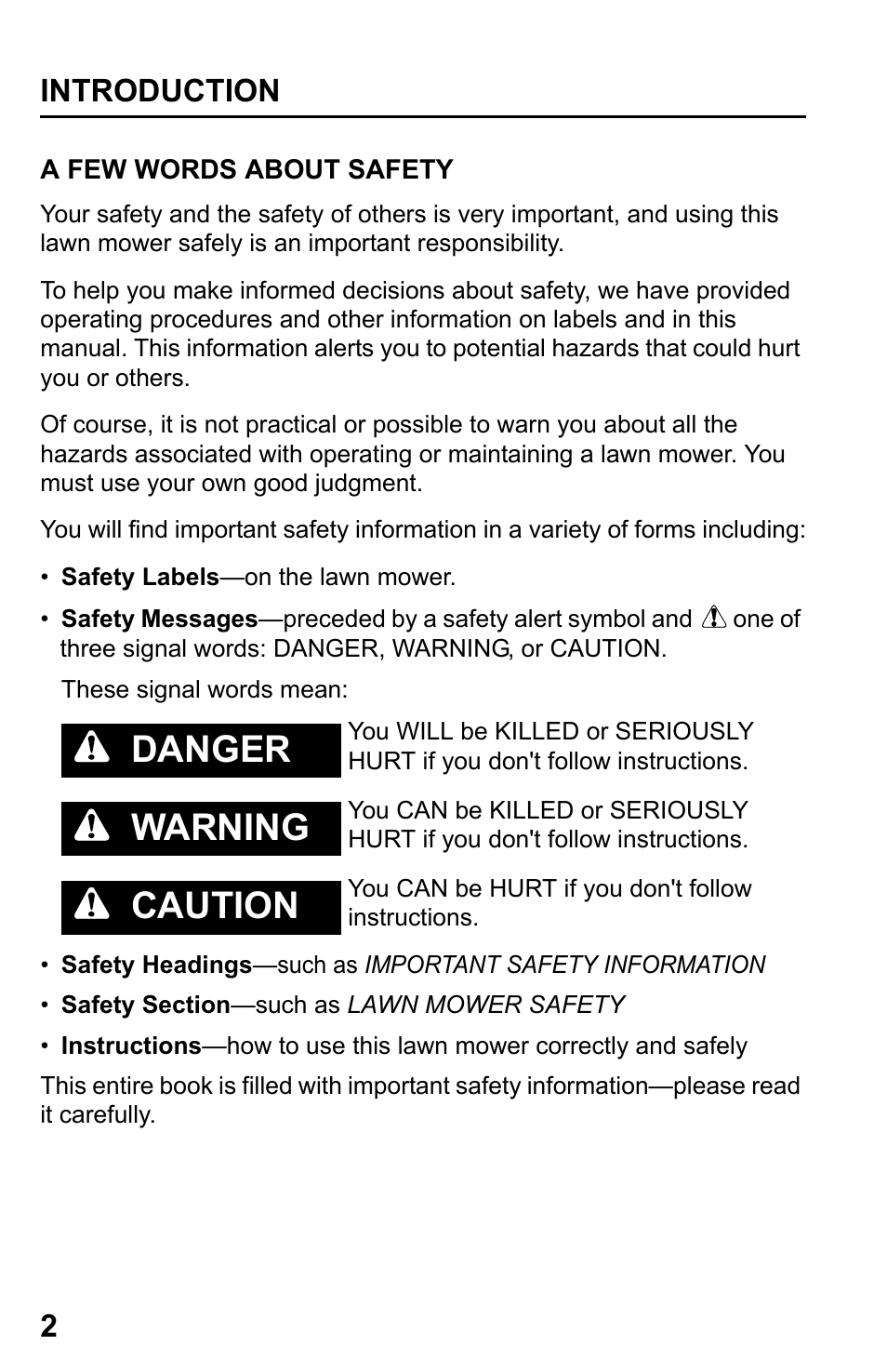 A few words about safety, Danger, Warning | Caution | HONDA HRR216PDA User Manual | Page 4 / 72