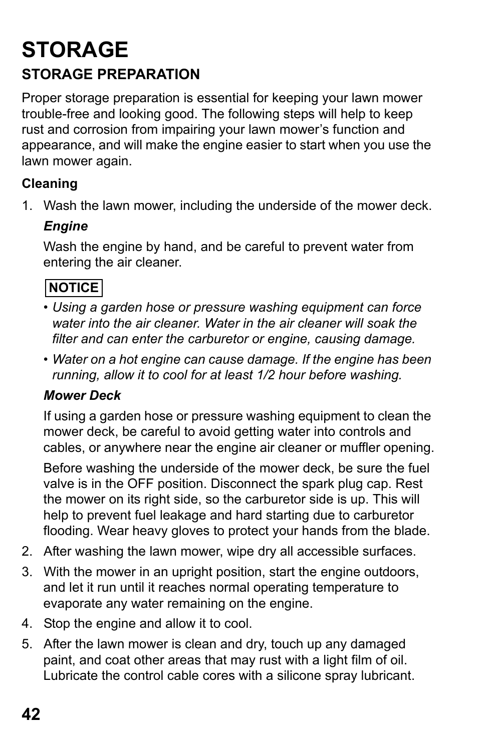 Storage, Storage preparation, Cleaning | HONDA HRR216PDA User Manual | Page 44 / 72