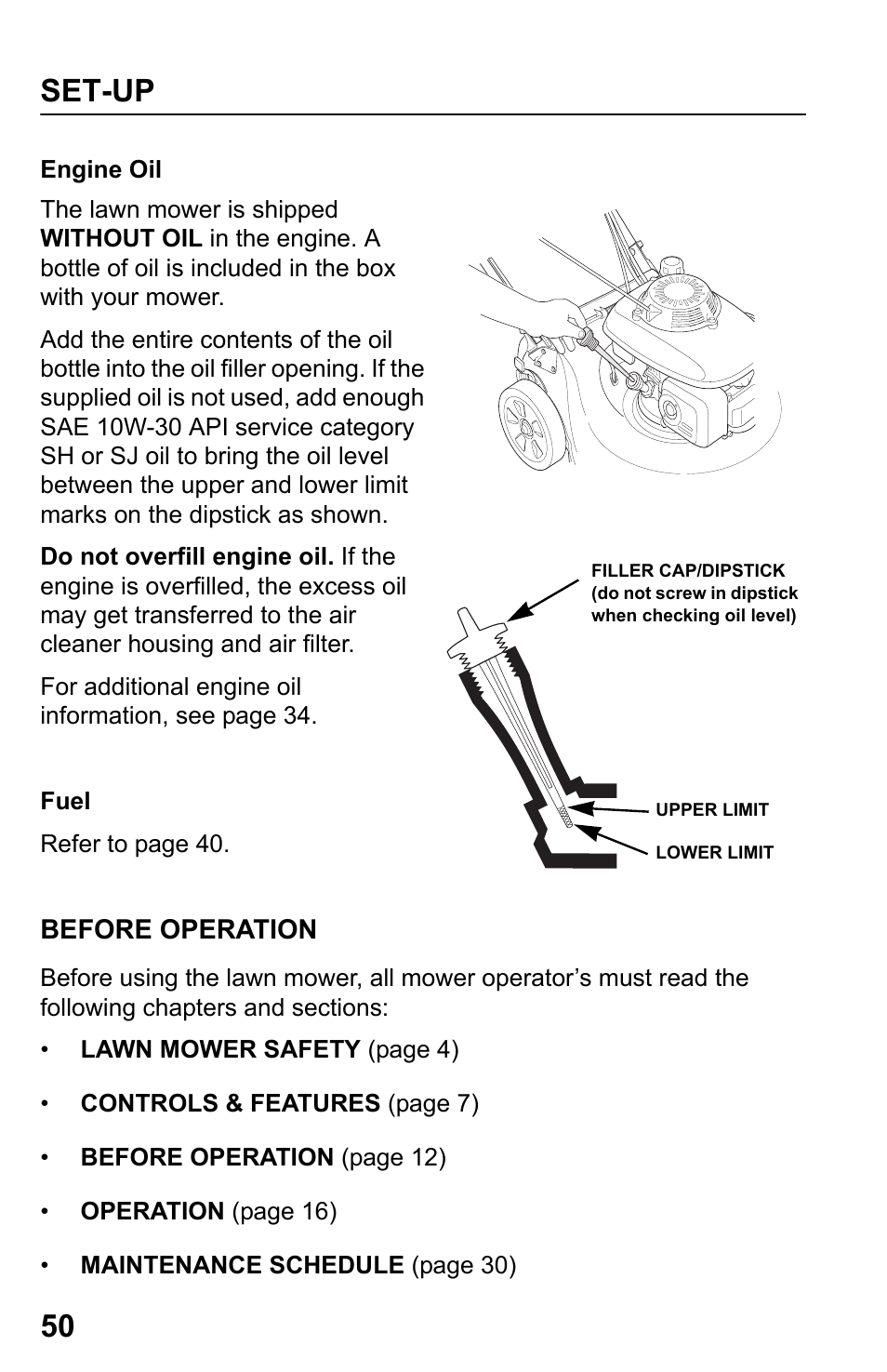 Engine oil, Fuel, Before operation | Set-up 50 | HONDA HRR216PDA User Manual | Page 52 / 72