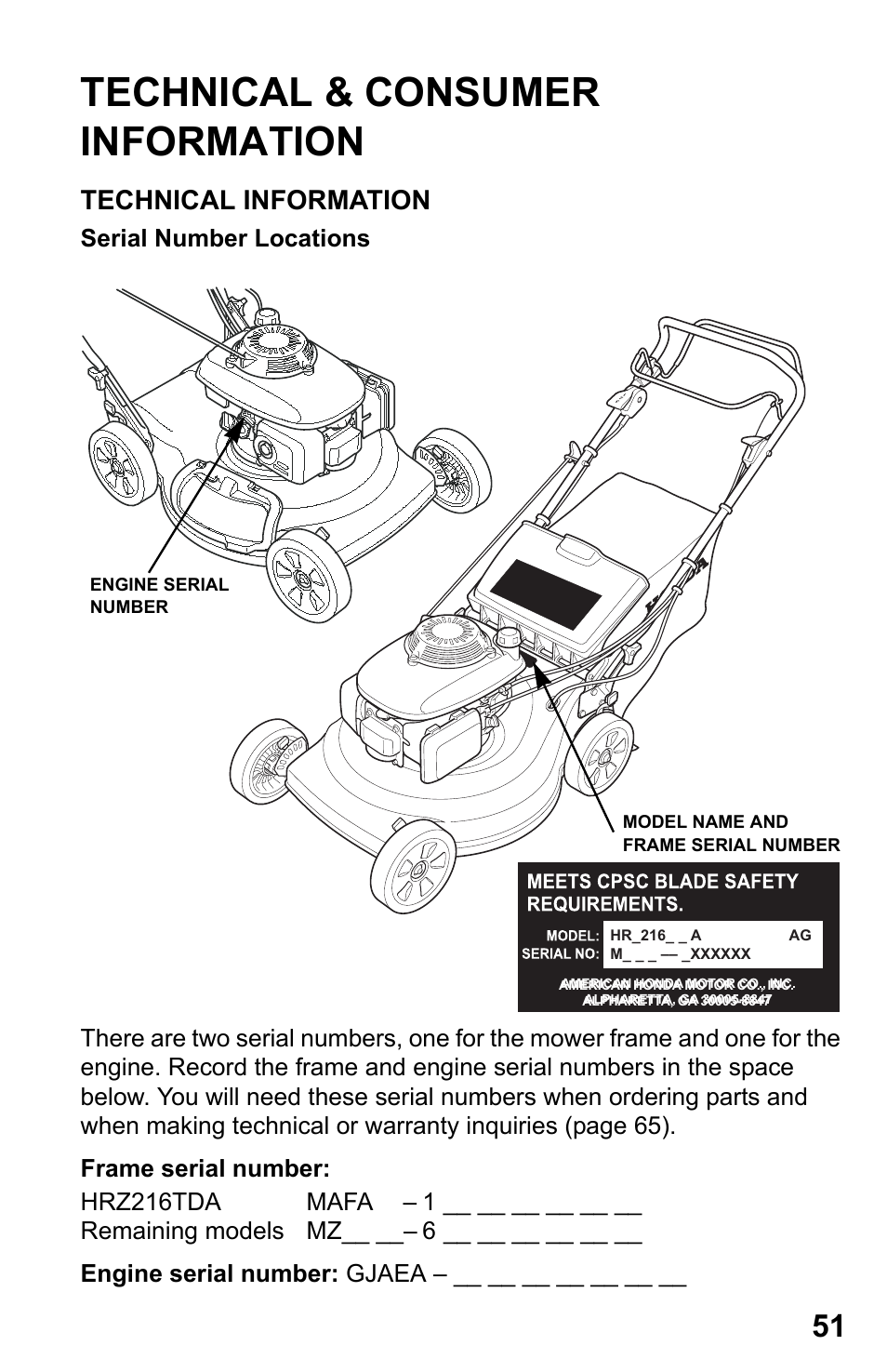 Technical & consumer information, Technical information, Serial number locations | HONDA HRR216PDA User Manual | Page 53 / 72