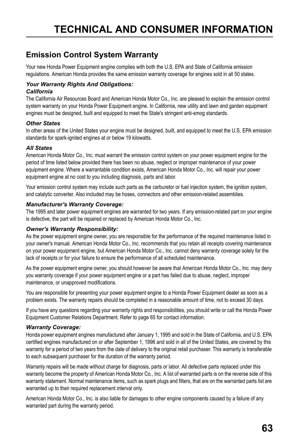 Emission control system warranty, Technical and consumer information 63 | HONDA HRR216PDA User Manual | Page 65 / 72