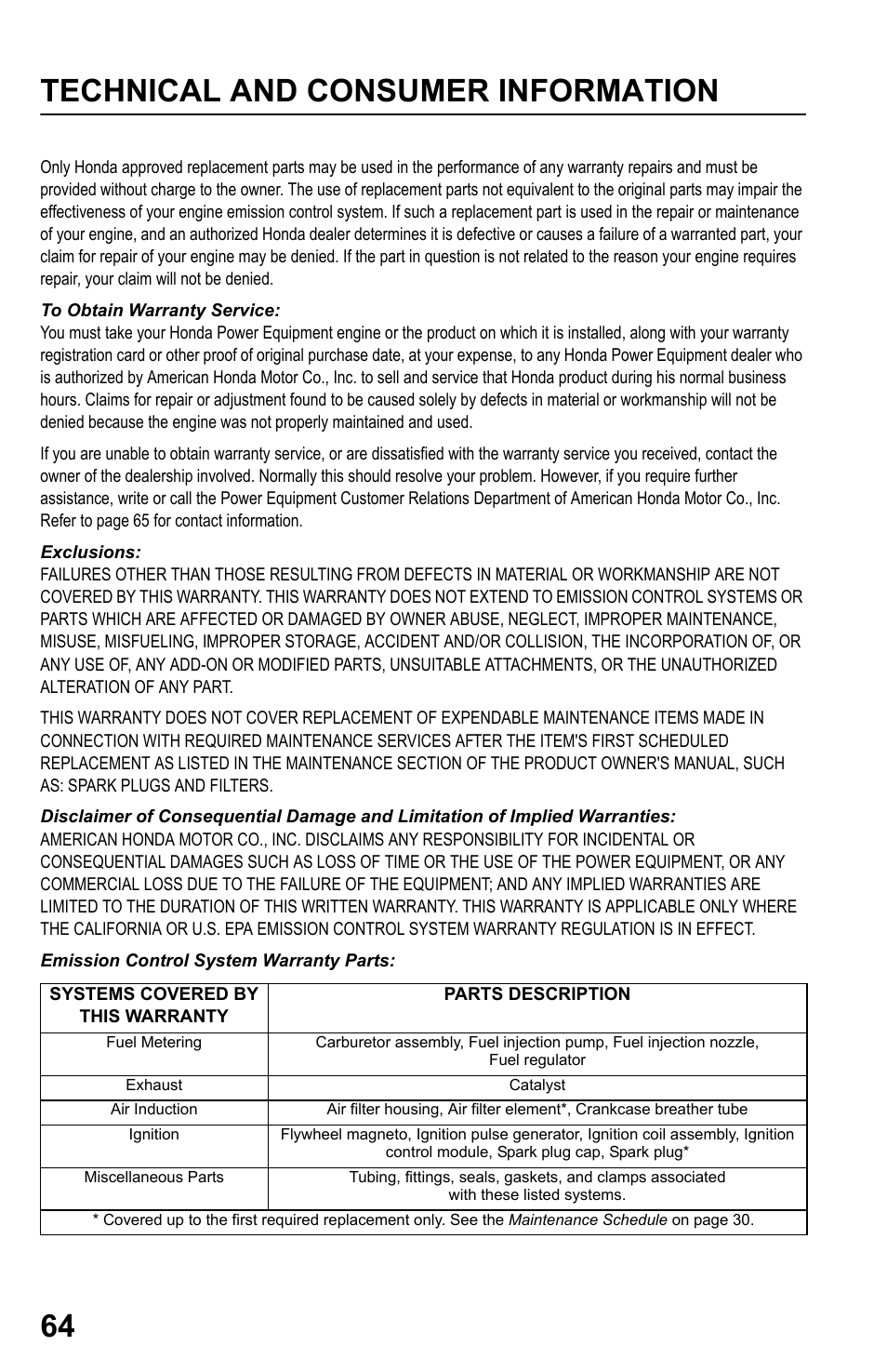 Technical and consumer information 64 | HONDA HRR216PDA User Manual | Page 66 / 72