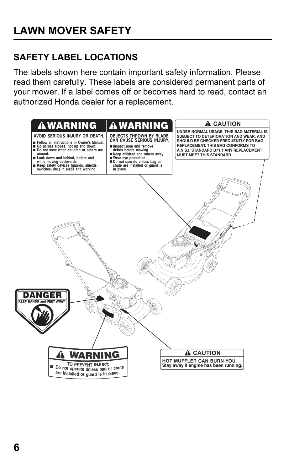 Safety label locations, Lawn mover safety 6, Warning | Danger | HONDA HRR216PDA User Manual | Page 8 / 72