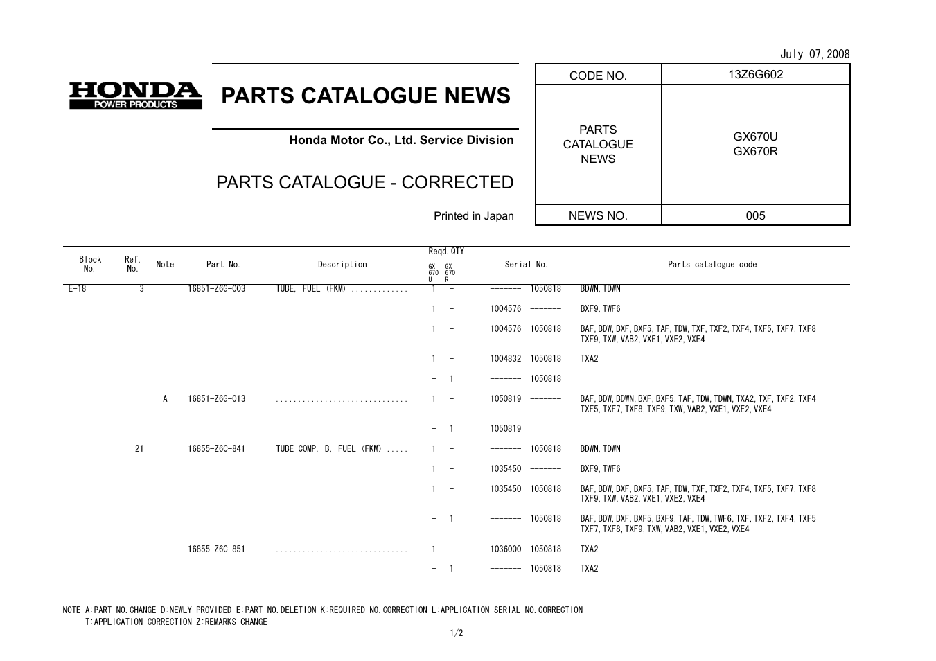 Parts catalogue news, Parts catalogue - corrected | HONDA GX670R User Manual | Page 88 / 97