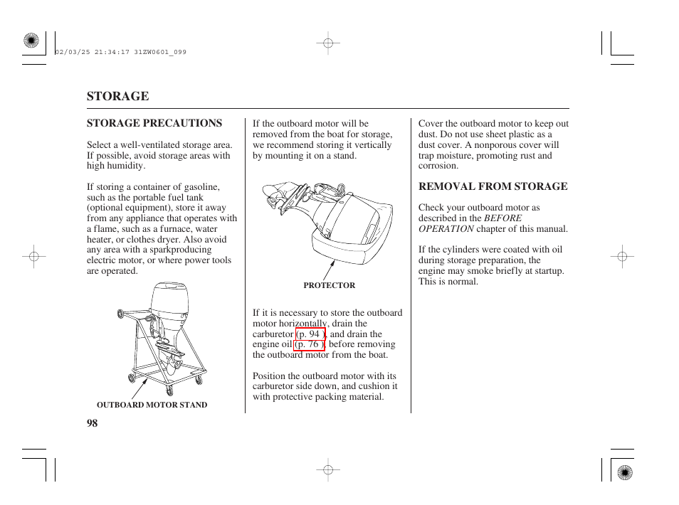 Storage precautions, Removal from storage | HONDA Outboard Motor BF75A User Manual | Page 100 / 130